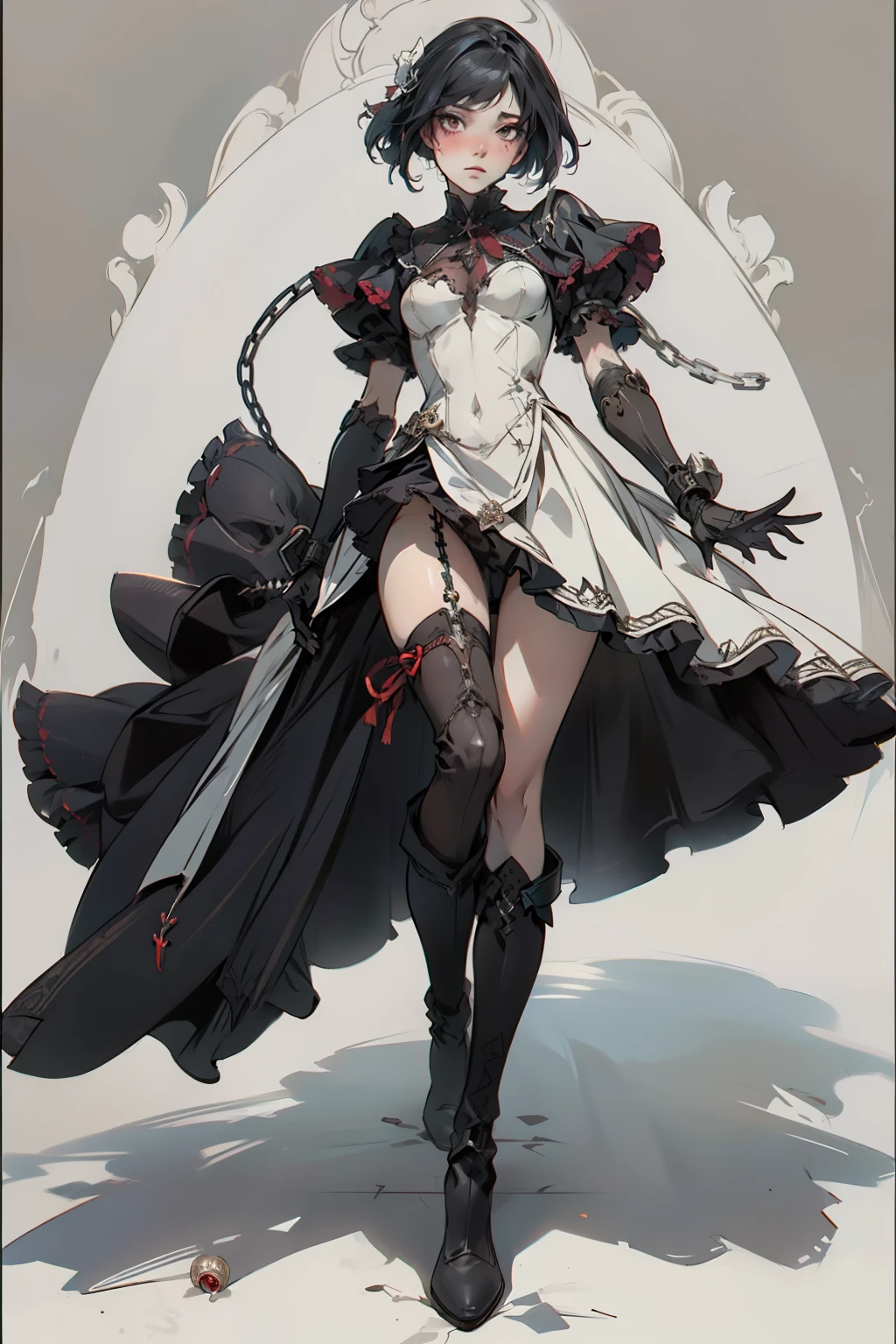 ((best quality)), ((masterpiece)), (detailed), a penitent female, blank white background, plain background, white background, red and white clothing, Bloodborne aesthetic,  occult aesthetic, occult, occult paraphernalia, detailed and intricate steampunk and detailed gothic, NSFW, Very dramatic and cinematic lighting, cosmic horror, grim-dark, side-lighting, perfect face, NSFW, Fluttering lace flared  dress with frilly petticoats, pleated petticoats, petticoats, complex lace boots, side-lighting, gothic aesthetic, chains, mechanical components, carbine, NSFW, beautiful small breasts, small breasts, full body, whole body, body, plain background, white background, blank background, no background, white background NSFW, full body, whole body, head-to-toe dynamic poses NSFW