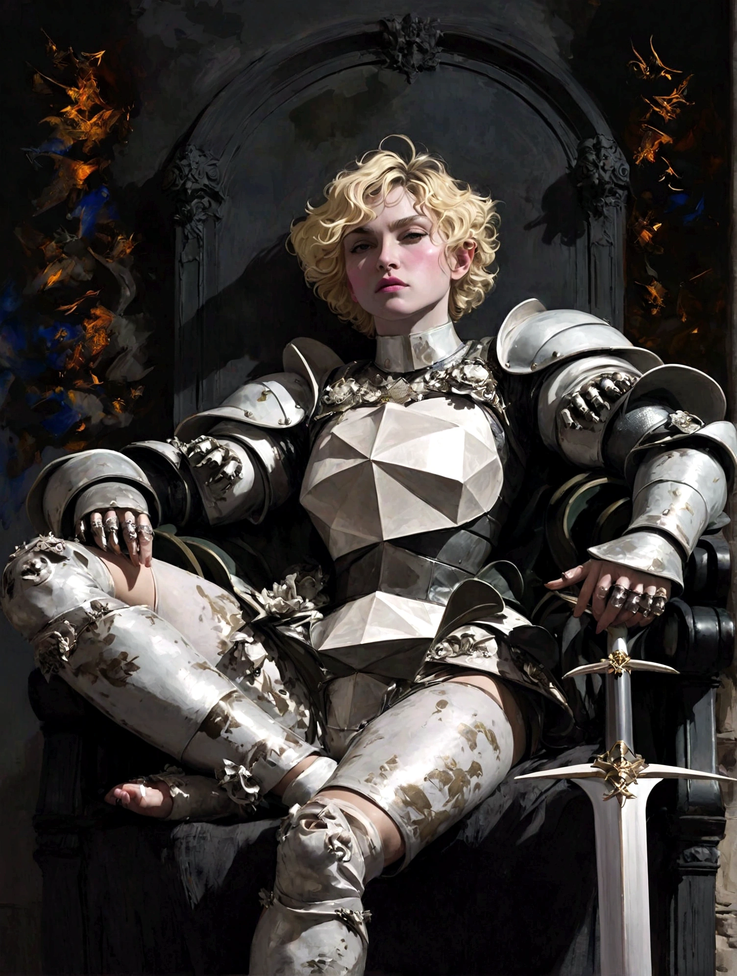 Imagine the singer Madonna at 30 years old Sitting on an epic throne, with metal armor
