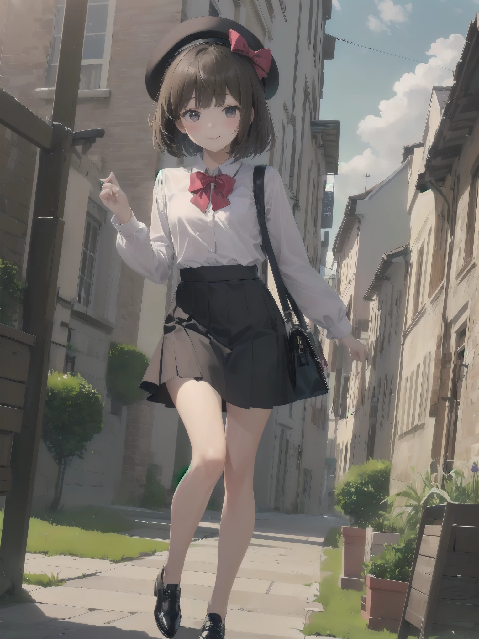(((Very detailed, Very detailed CG ユニティ 8k 壁紙, figure, High resolution, Absurd, Beautiful fine details, finely detailed chest, Very detailed髪)), ((masterpiece))
Outdoor,null,cloud,Grass,
((Beautiful fine details)),
One girl,alone,
Subjective View Crotch,
Cowboy Shot,
One girl, shirt, bow, Brown Hair, bowtie, skirt, red bow, white shirt, One boy, Have, red bowtie, black skirt, shoes下, bag, collared shirt, Dutch Angle, beret, Black Hat, Open your mouth, shoulder bag, Iris, Medium Hair, shoes, Mouth closed, Long sleeve, Black footwear, null, blush, Bob Cut Hair, bangs, Outdoor, Smiling at the viewer, chest, Are standing, building, A shy and shy pose