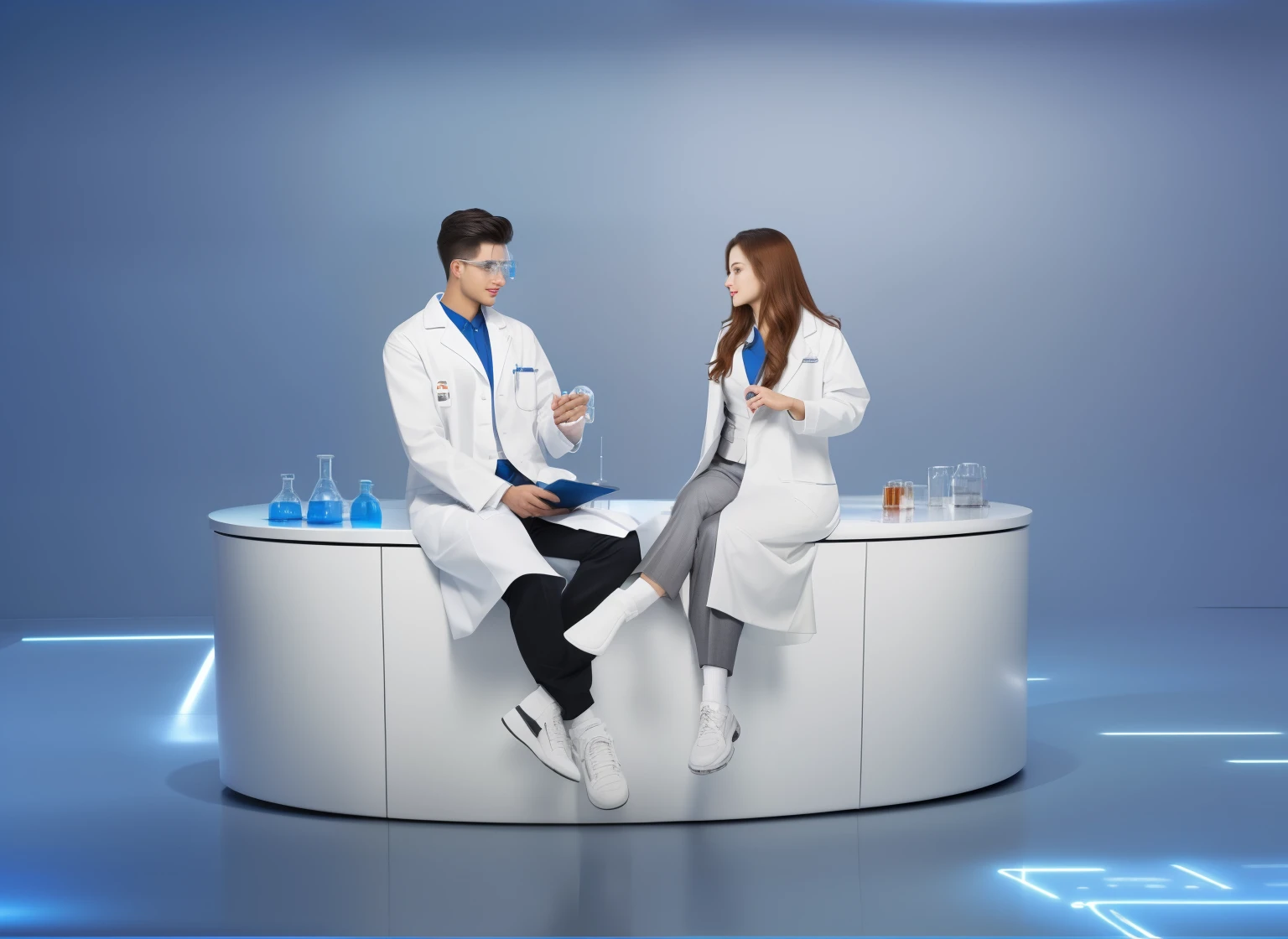 a man and a woman in white coats are sitting on a round table, sitting on a laboratory table, Futuristic Chemistry Lab, wear a lab coat, in the lab, Shadows, Shadows , beautiful, photoshoot