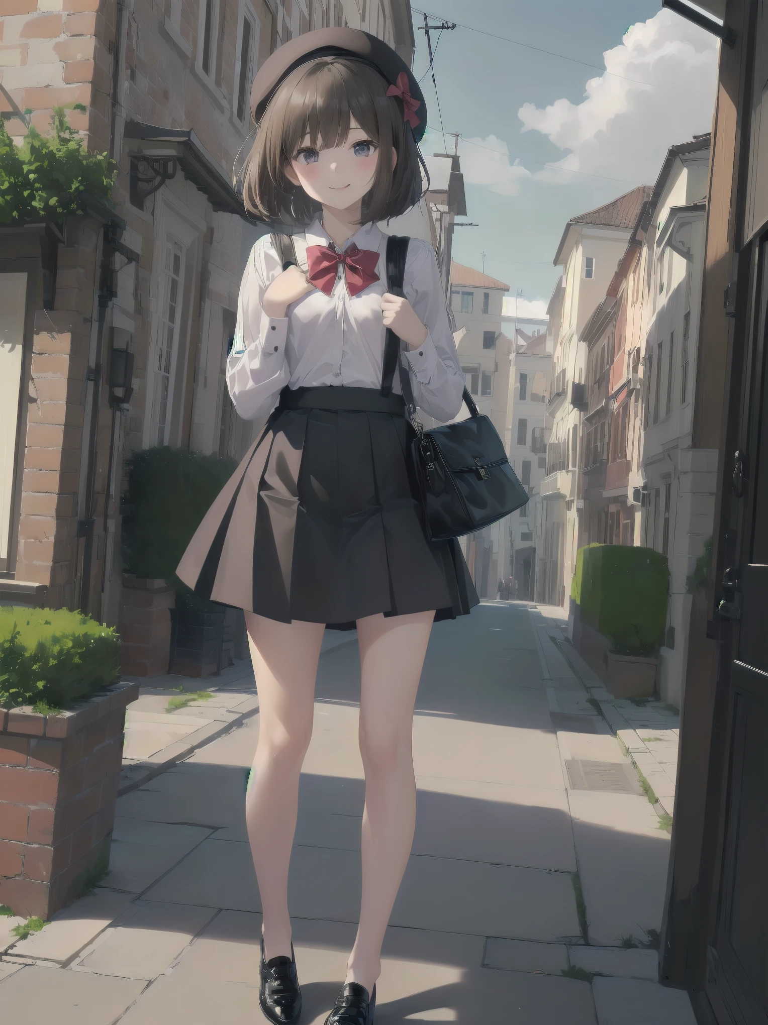 (((Very detailed, Very detailed CG ユニティ 8k 壁紙, figure, High resolution, Absurd, Beautiful fine details, finely detailed chest, Very detailed髪)), ((masterpiece))
Outdoor,null,cloud,Grass,
((Beautiful fine details)),
One girl,alone,
Subjective View Crotch,
Cowboy Shot,
One girl, shirt, bow, Brown Hair, bowtie, skirt, red bow, white shirt, One boy, Have, red bowtie, black skirt, shoes下, bag, collared shirt, Dutch Angle, beret, Black Hat, Open your mouth, shoulder bag, Iris, Medium Hair, shoes, Mouth closed, Long sleeve, Black footwear, null, blush, Bob Cut Hair, bangs, Outdoor, Smiling at the viewer, chest, Are standing, building,   A shy and shy pose