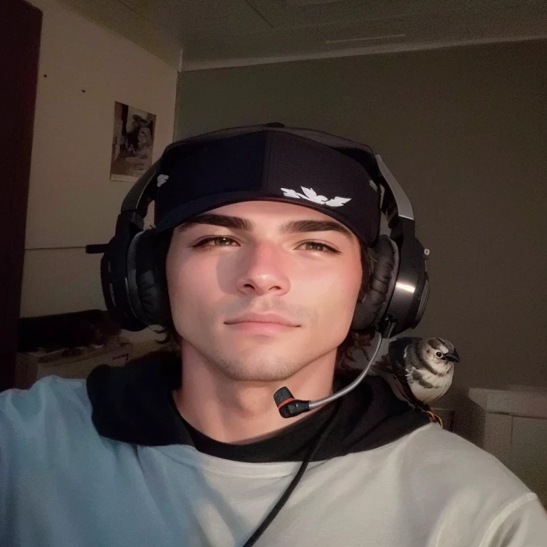 sharp man wearing headphones and a baseball cap with a bird on it, muscle contraction coil / jogador ludwig, foto do perfil 1024px, imagem de qualidade muito baixa, cerca de 19 anos, com fones de ouvido, taken at the beginning of 2020, imagem frontal, profile picture with headshot, very high quality face, half body head shot