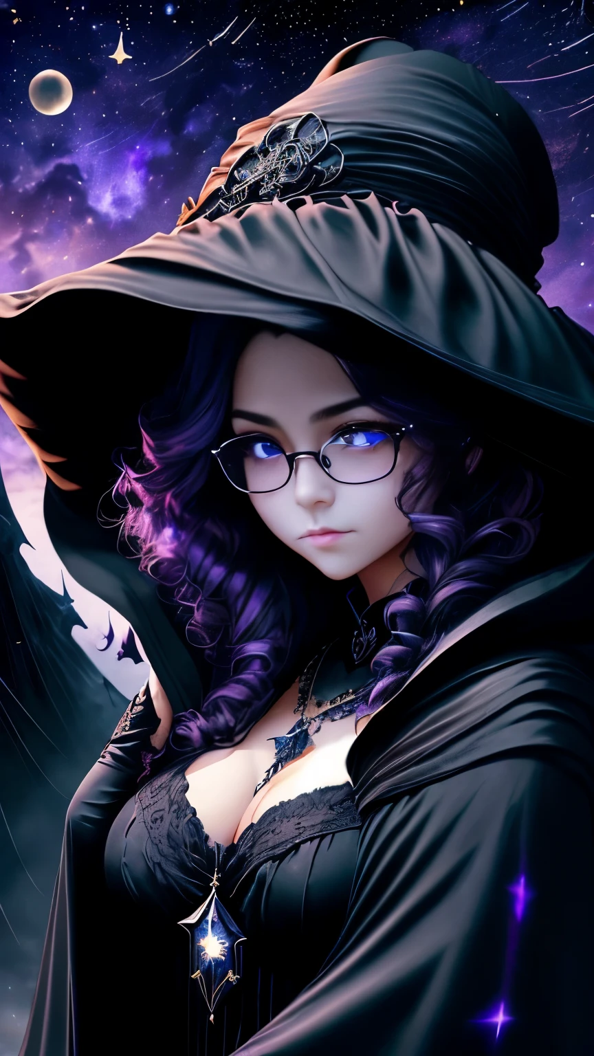 (Fatal Beauty,A charming villain,witch) ,(A supple and powerful physique),(Sensual charm),(Mysterious charm:1.1),(Captivating silhouette),((((Glasses))))、((((big sapphire necklace))))、(highest quality,High resolution:1.2),(dark,Threatening:1.1),((dark horror theme:1.5),(Thriller:1.5)),(Dark fantasy:1.5),  (((Countless stars fly away:1.5),(Absurd:1.5),(wonderful:1.5))),Woman in a dress, (Powerful numbers:1.1),(((Big Breasts))),(((Muscular:1.1))), cute face, Sexy Face, , Very detailedなbeautiful***, (Ideal body type:1.8), Very detailed faceexpressive lips, (とてもbeautiful、Crisp big eyes:1.5), Fine skin., All features are shown in detail., The outline of the fingers is beautifully drawn....., The nose is precisely shaped., expressive lips, Perfect Anatomy,cute、Realistic、(Front view:1.4),(Face Focus:1.3), realistic girl rendering, 8k artistic german bokeh, Enchanting girl, Real Girls, Gurwitz, Gurwitz-style artwork, Girl Roleplay, Realistic 3D style, cgstation Popular Topics, 8K Portrait Rendering,(truth，truth：1.4),Sexy Body,( Very lean body:1.6),Sexy pose, blush, Attractive body, Very curly hair, Purple Curly Hair, very big hair, Very curly hair, prime color,Urban,Very detailed,masterpiece,Intricate details,Faded,Very detailed, Eye for details,Intricate details,暗くてSpooky atmosphere,  Spiritual Beings, Unforgettably beautiful, Ghostly figures, Shadow-like shape, Spooky whispers, Ominous Aura, Goth Maiden,  Like dazzling fur in a starless haze,Her Mogul Snaps, Mysterious Cemetery,Black hair swaying in the moonlight, She summons darkness, (beautiful: 1.7), (Black Hat: 1.6), (An intricately decorated jet-black cloak: 1.6), (Delicately decorated cloak, Despite the damage: 1.5), Hypermaximalist,  Breathtaking oil paintings, Surreal, Ultra-realistic digital illustrations that mimic the style of oil paintings, wonderful構成,  (Shining Eyes:1.6)、(Glowing Eyes:1.1),(hellish landscape:1.1),(fire,sulfur:1.1),(Threatening atmosphere:1.1),(dark shadows,Threatening presence:1.1),(Unlucky Clouds,Stormy Skies:1.1),(dark,Spooky atmosphere:1.1),(Aura of misfortune,Evil energy:1.1),(dark aura,cigarette:1.1),(Extreme heat,Burning Flames:1.1),(Nightmare Visions:1.1),(Predicting the end:1.1),(Whispers of misfortune,Devilish Laugh:1.1),(Cry of pain,echoing screams:1.1),(Bad luck symbol,Ancient runes:1.1),(Mysterious Relic,dark art ifacts:1.1),(Infernal Ritual,Ritual sacrifice:1.1),(Eternal Ruin,A hopeless existence:1.1),  Inspired by abandoned mech backgrounds. Art created by Craig Mullins, Necrostyle., Detailed Description, Futuristic sci-fi scene. Focus on SFCon