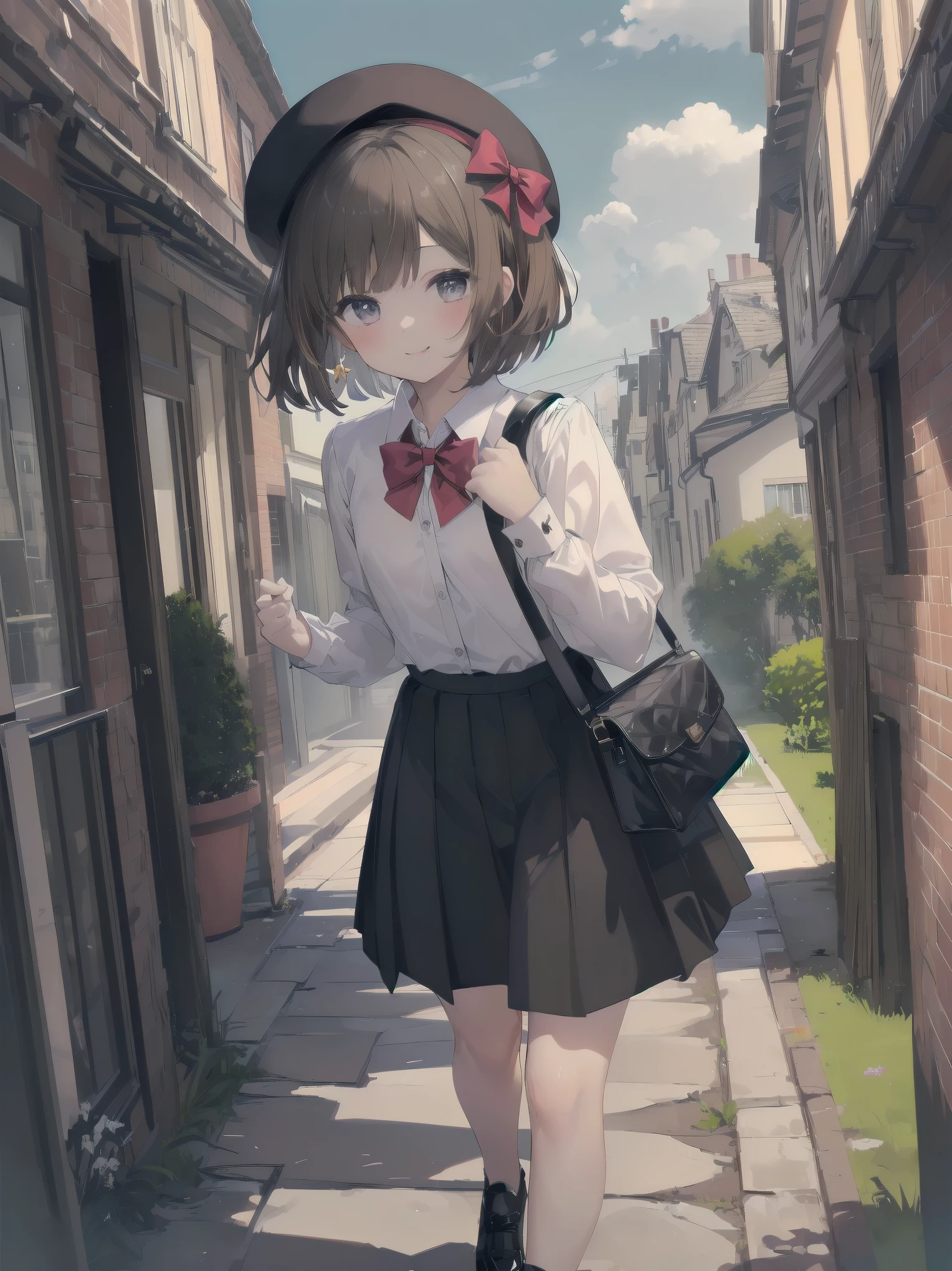 (((Very detailed, Very detailed CG ユニティ 8k 壁紙, figure, High resolution, Absurd, Beautiful fine details, finely detailed chest, Very detailed髪)), ((masterpiece))
Outdoor,null,cloud,Grass,
((Beautiful fine details)),
One girl,alone,
Subjective View Crotch,
Cowboy Shot,
One girl, shirt, bow, Brown Hair, bowtie, skirt, red bow, white shirt, One boy, Have, red bowtie, black skirt, shoes下, bag, collared shirt, Dutch Angle, beret, Black Hat, Open your mouth, shoulder bag, Iris, Medium Hair, shoes, Mouth closed, Long sleeve, Black footwear, null, blush, Bob Cut Hair, bangs, Outdoor, Smiling at the viewer, chest, Are standing, building, A shy and shy pose