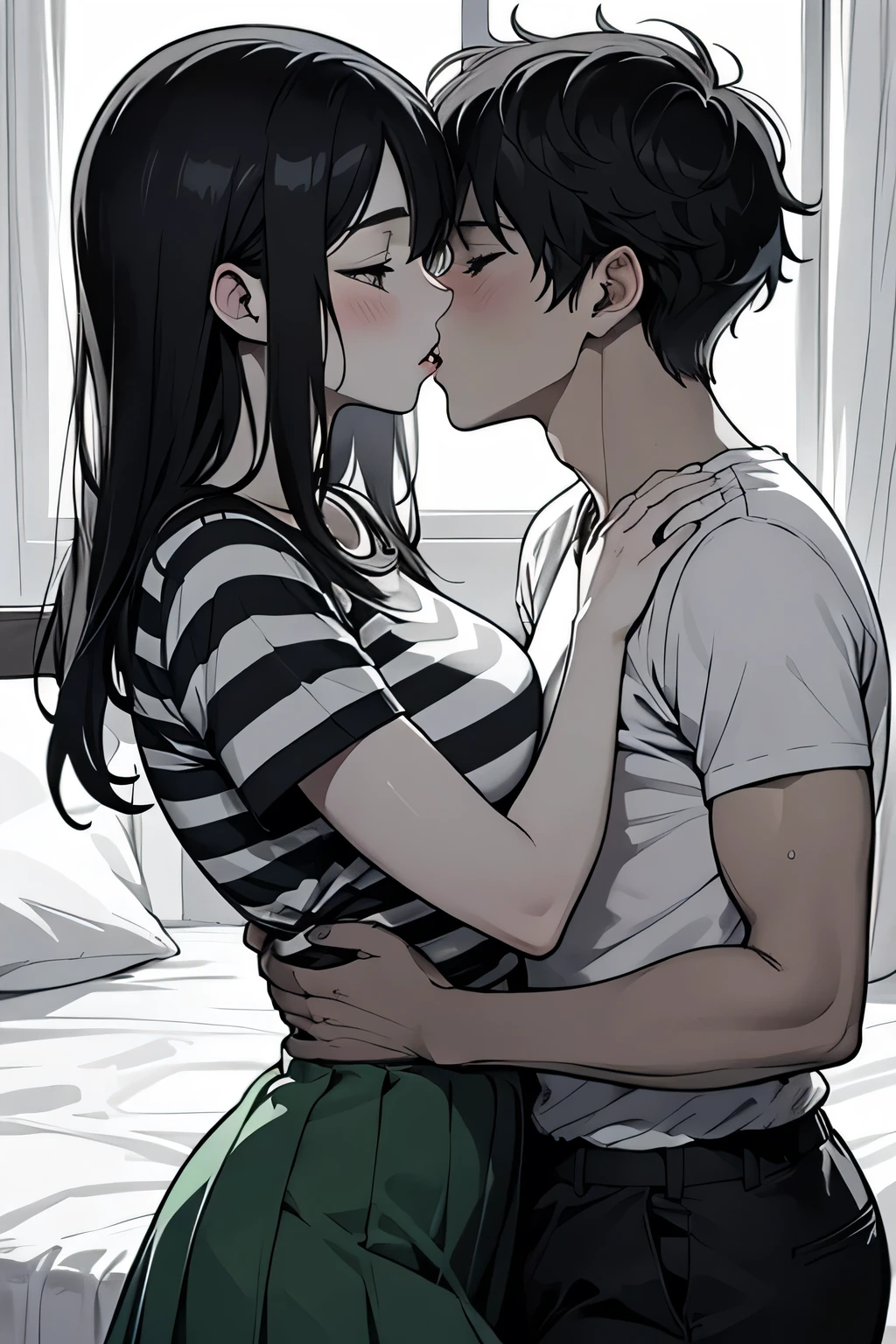 Amazing portrait of a sexy and  woman  wearing a black and white striped t shirt and a dark green skirt kissing and making out passionately with a shirtless boy on the bed in an intimate setting