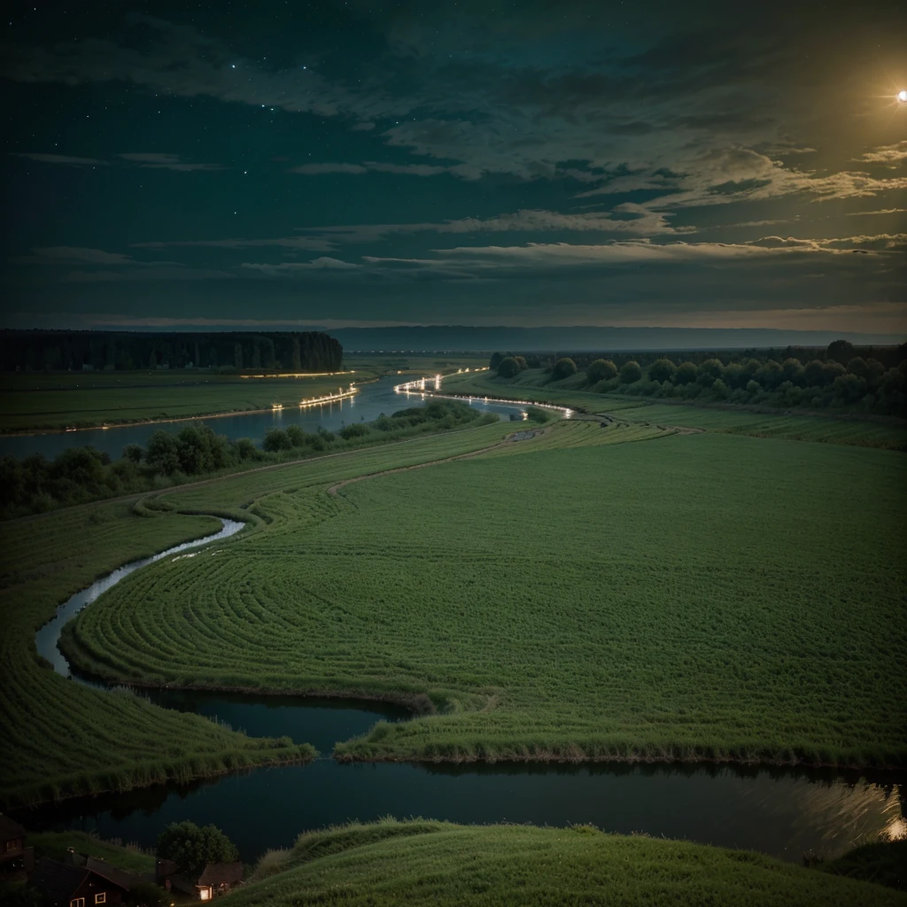 
A river with a bend on a summer moonlit night. The greenish ribbon of the river, in which the moonlight is reflected, crosses the plain, which at the horizon merges with the dark green sky, covered with rows of light clouds. View from high above place. At the bank of the river the peasants' mill and wooden houses. Oil painting inspired by Kuindzhi. No humans. The predominant colors are pitch Green 