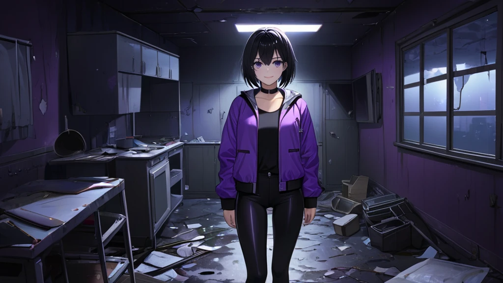 (Horor Abandoned Mess Room background:1.1), (Horor Ambient: 1.1), Tomboy Girl, Smart, Mature, Sexy, Short black hair, Black Plain chokers, purple pupil eyes, Wearing sleek black spandex under short purple jacket, Smiling menacingly, Intimidate, Confident, no fear, Stand, dark Pitch-black in the middle of the night with no moonlight room, abandoned mess horor room, midnight.