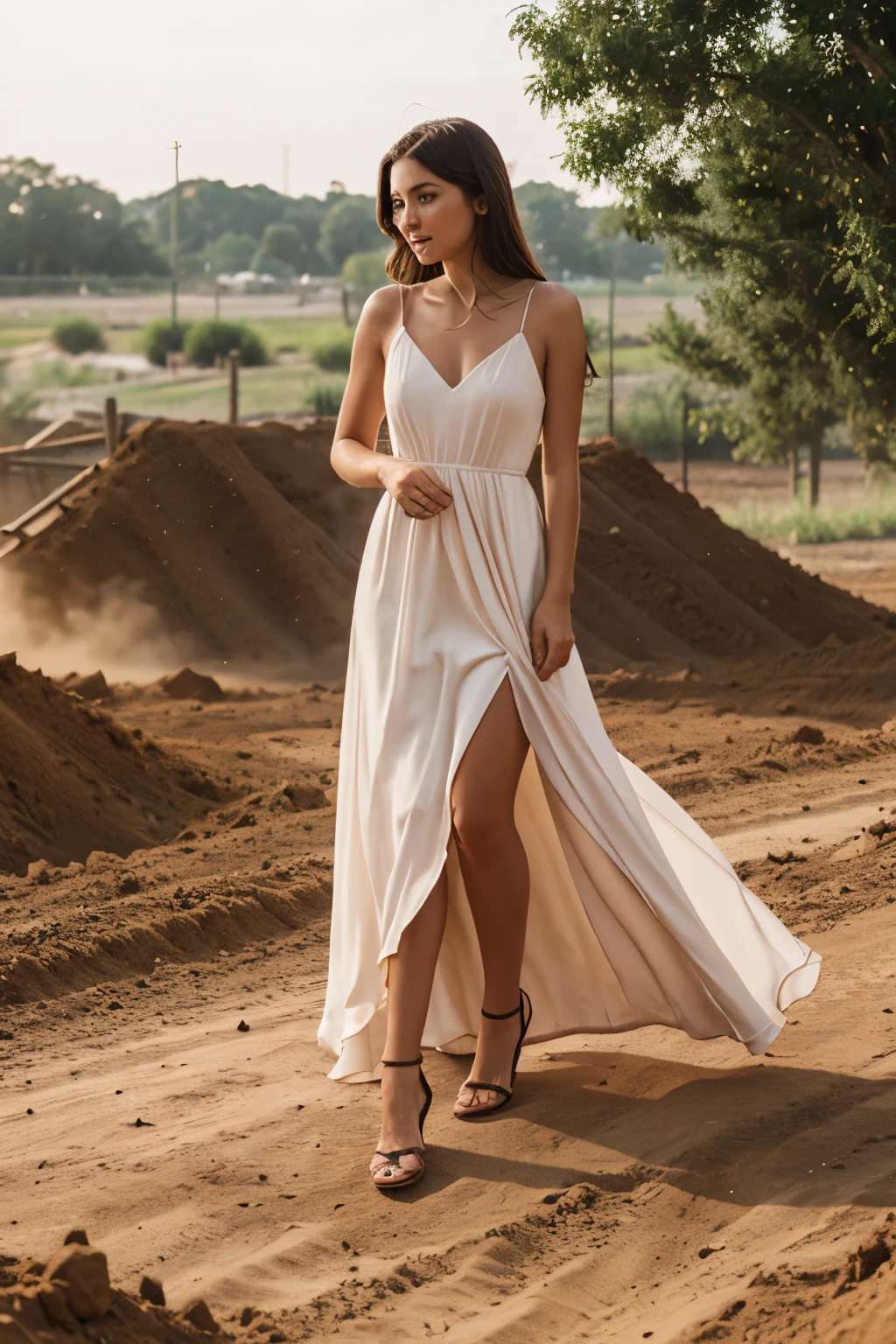 Girl evening dress tearing dirt
