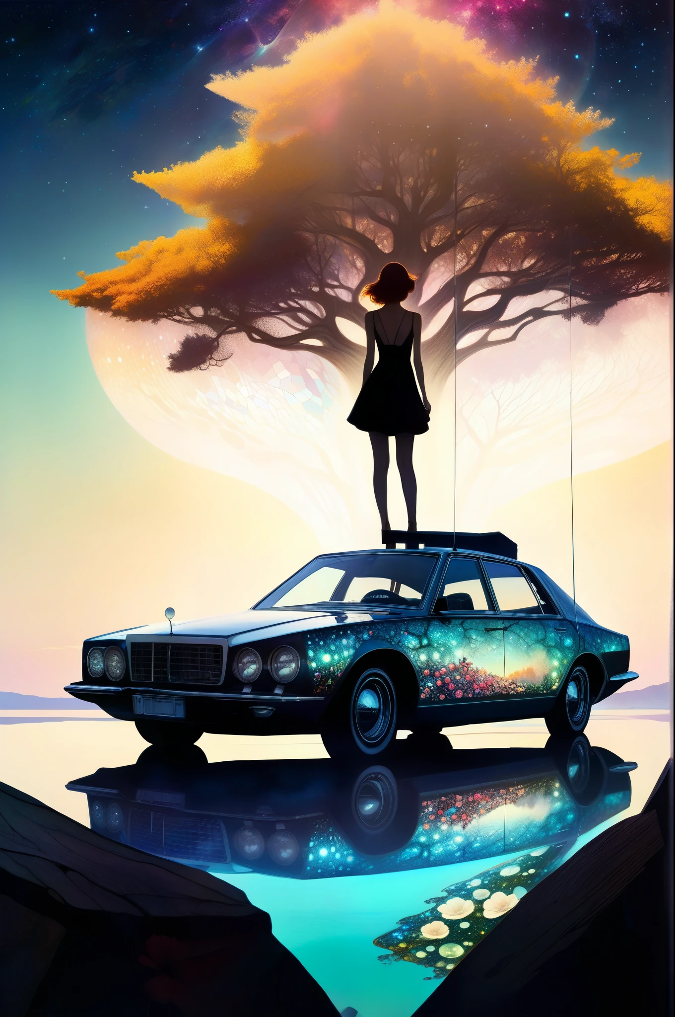 Futuristic utopia, Adventure, Aether, Kraken, Car, Nebula, Verdant, Canvas, Spontaneous Human Combustion, Voyage, Lovely, Grateful [:vintage cars:15], (Double exposure:1.3) photo of a noble lady made of mosaic of iridescent crystal glass with sub scattering mirror surface imposing onto transparent tree hollow trunk in living brocade underbust dress made out of flowers, bokeh sky by Peter Gric, Conrad Roset, Brandon Kidwell, Andreas Lie, Dan Mountford, Dan Witz, Agnes Cecile, Jeremy Mann, fine art, super dramatic moonshine, silhouette photo illustration, amazing depth, intricate detailed fine cracked surface, stunning atmosphere, mesmerizing whimsical vibrant scenery, complex masterwork by head of prompt engineering