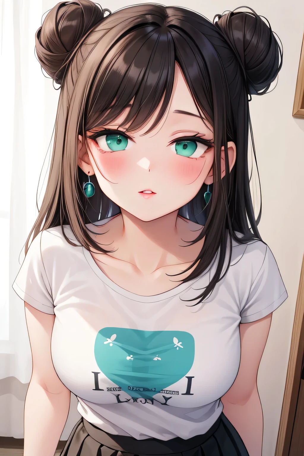 Amazing portrait of a sexy and woman with a beautiful face with seductive eyes gazing intensely at me with her soft lips parted in anticipation of a kiss which is making her blush intensely her lips are also curved in a soft smile she has her luscious black hair in a cute bun wearing a black and white striped t shirt and a dark green skirt paired with some elegant earrings her t shirt showing her medium chest and perfect body off