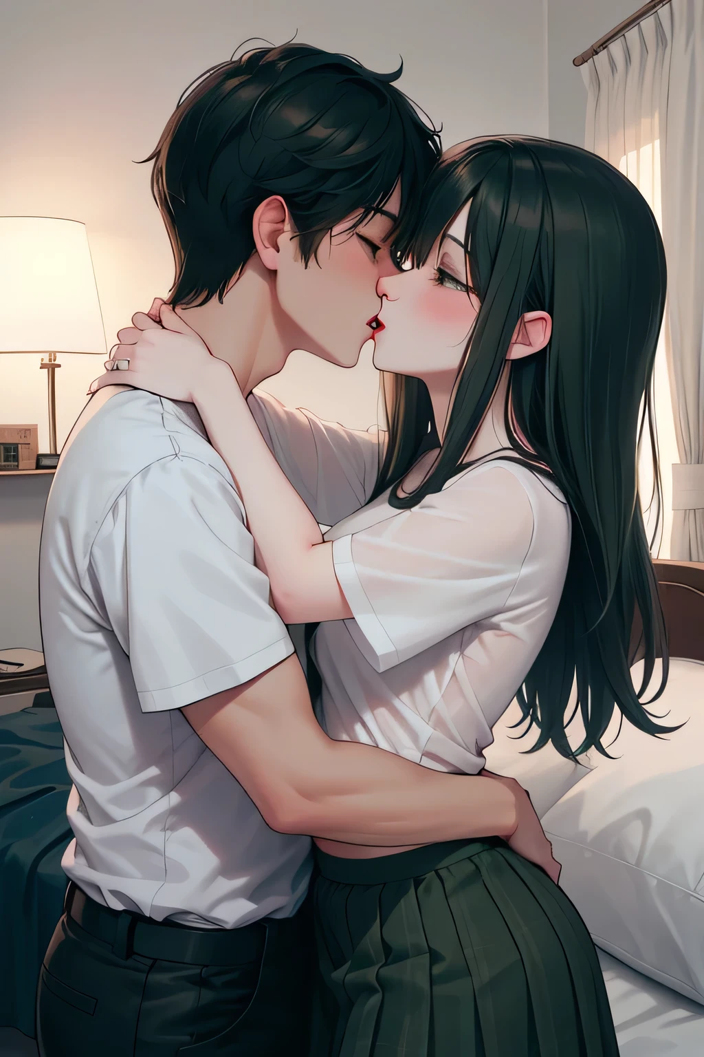 Amazing portrait of a y and woman wearing a black and white striped t shirt and a dark green skirt kissing and making out passionately with a shirtless boy on the bed in an intimate setting