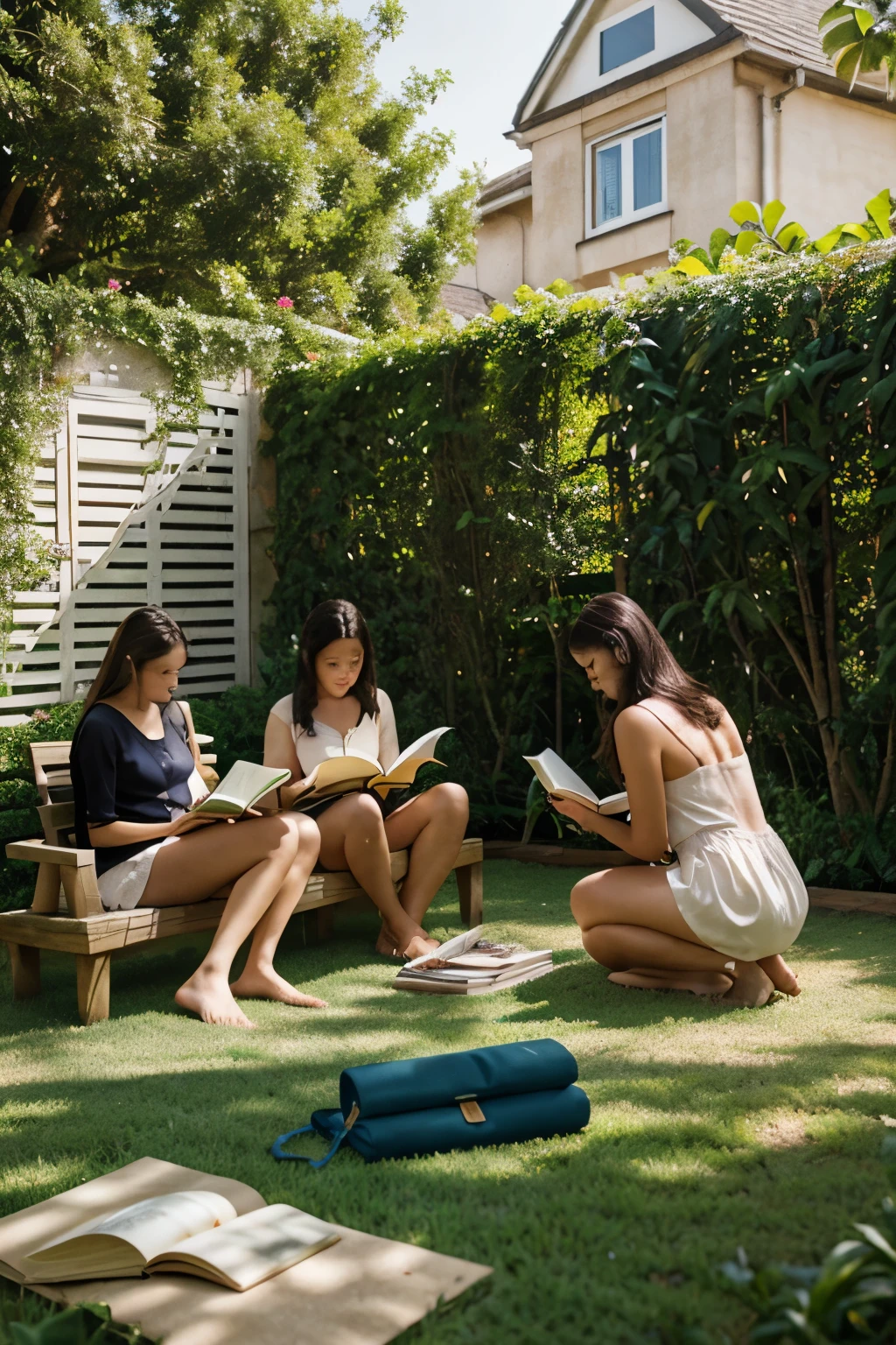 Back garden, gardenia flowers, horizontal background, people reading books and playing with notebooks.