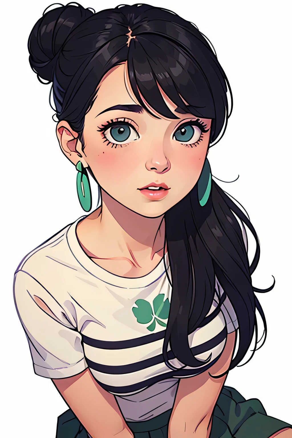 Amazing portrait of a sexy and woman with a beautiful face with seductive eyes gazing intensely at me with her soft lips parted in anticipation of a kiss which is making her blush intensely her lips are also curved in a soft smile she has her luscious black hair in a cute bun wearing a black and white striped t shirt and a dark green skirt paired with some elegant earrings her t shirt showing her medium chest and perfect body off