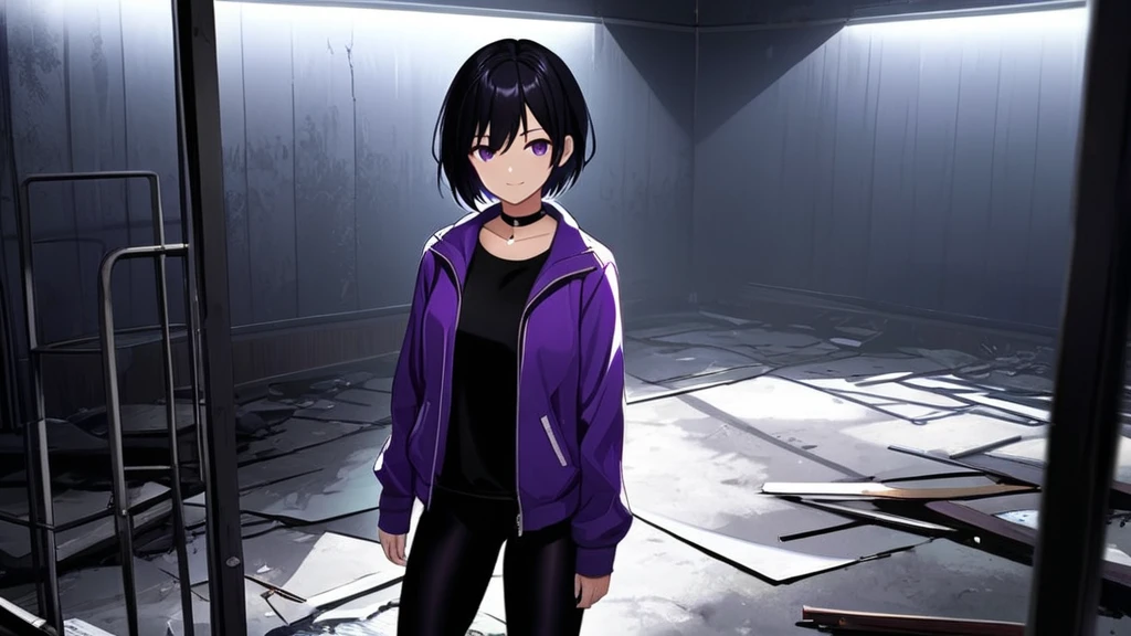 (Horor Abandoned Mess Room background:1.1), (Horor Ambient:1.1), (Lighting:1.1), (Shadow:1.1), Tomboy Girl, Smart, Mature, Sexy, Short black hair, Black Plain chokers, purple pupil eyes, Wearing sleek black spandex under short purple jacket, Smiling menacingly, Intimidate, Confident, no fear, Stand, dark Pitch-black in the middle of the night with no moonlight room, abandoned mess horor room, midnight.