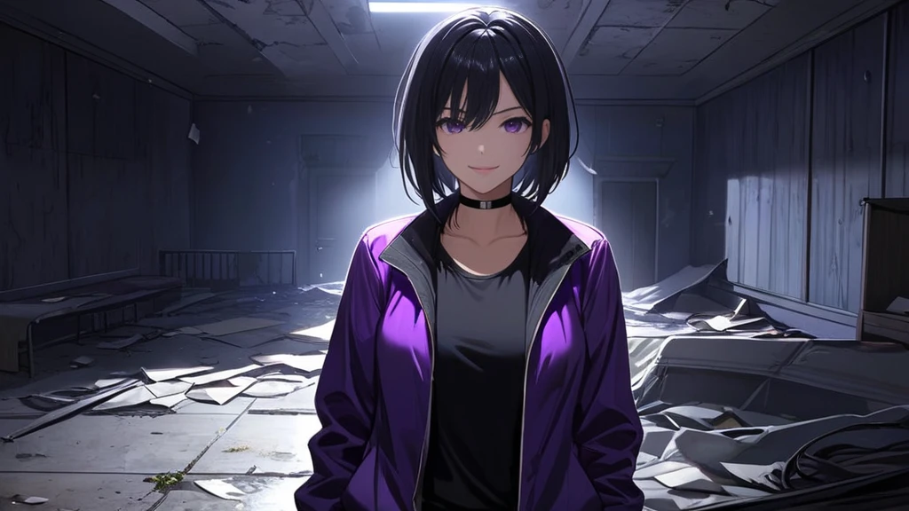 (Horor Abandoned Mess Room background:1.1), (Horor Ambient:1.1), (Lighting:1.1), (Shadow:1.1), Tomboy Girl, Smart, Mature, Sexy, Short black hair, Black Plain chokers, purple pupil eyes, Wearing sleek black spandex under short purple jacket, Smiling menacingly, Intimidate, Confident, no fear, Stand, dark Pitch-black in the middle of the night with no moonlight room, abandoned mess horor room, midnight.