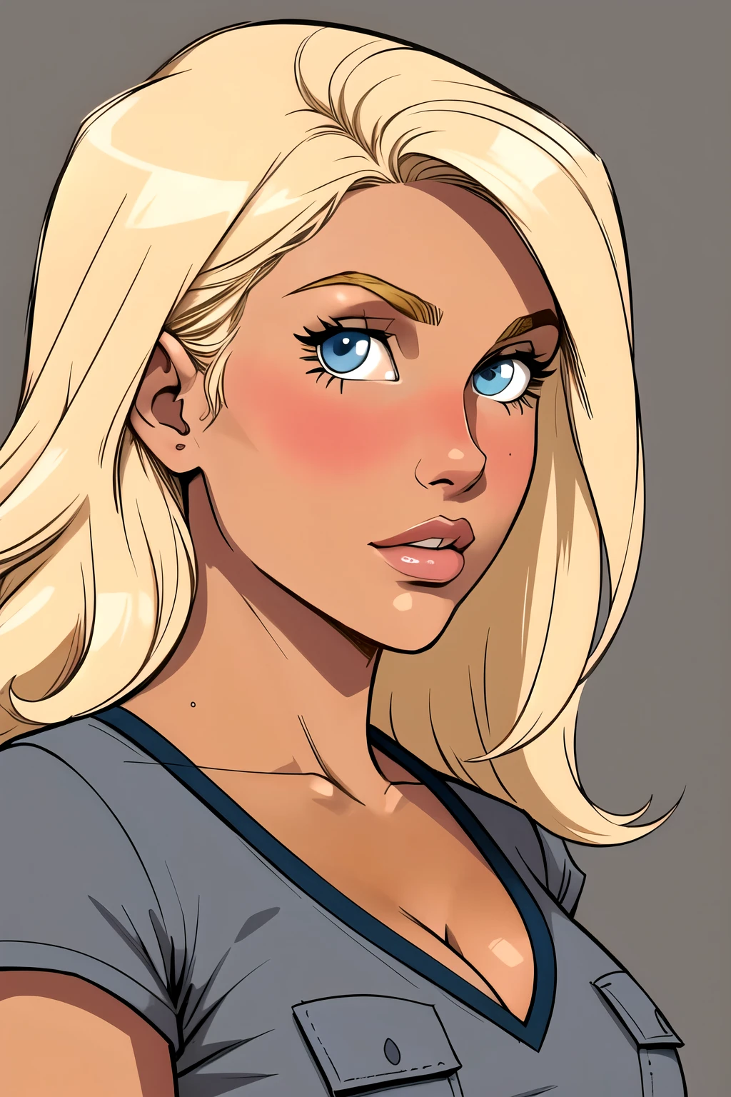 Flat colors, close up, Portrait of a 25 year old surfer girl, tan skin, beach blonde salty hair, natural beaty, beautiful, casual, pocket Tee shirt, Cleavage, ([Dark Grey Background])