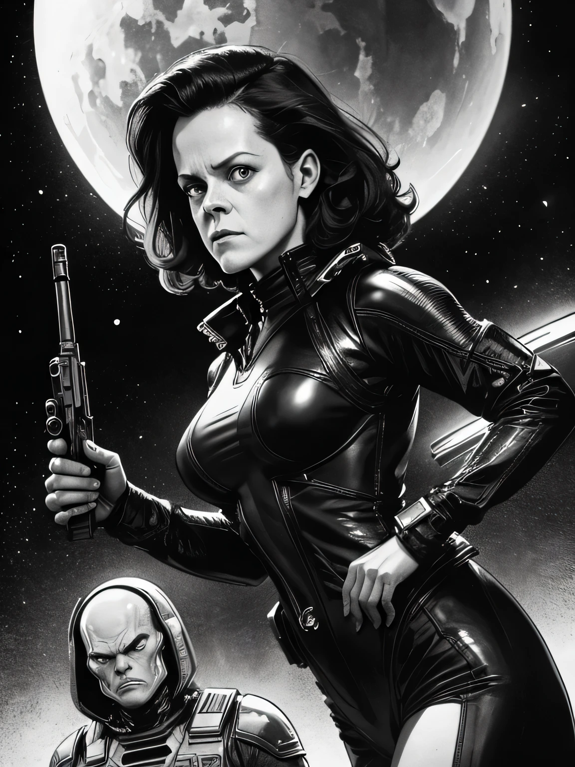 2 Monstros gigantes aliens on the planet inside the spaceship Sigourney Weaver,she saves the innocent girl to kill alien monster, she using a huge gun to kill alien,explosion, Bela arte de linha, black and white comic style, manga art style, pencil and ink caricature drawing, black and white coloring,arte vector preto e branco