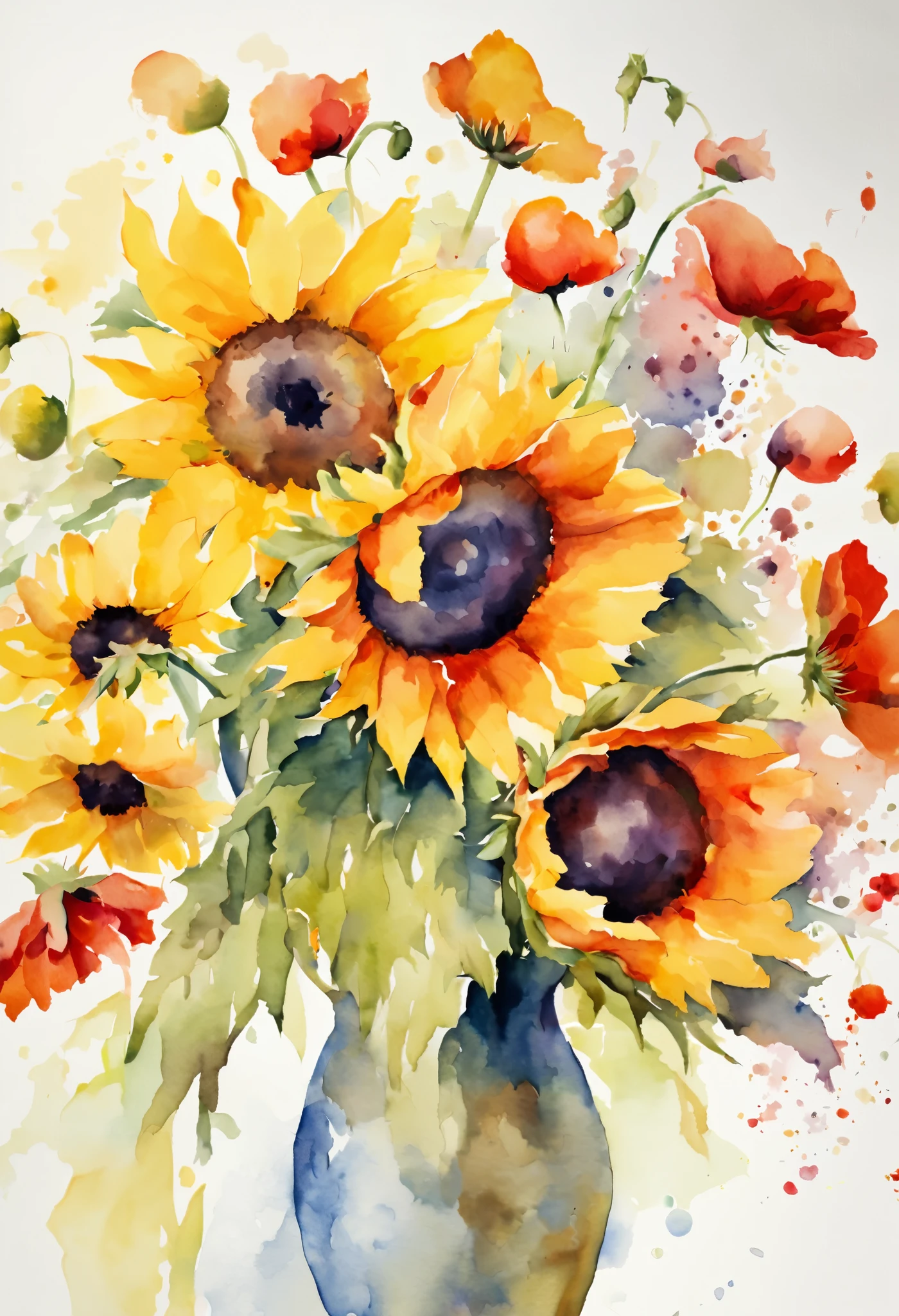 masterpiece, best quality, loose watercolor, sunflowers, poppies, soft strokes, bright colors, clean background, high resolution