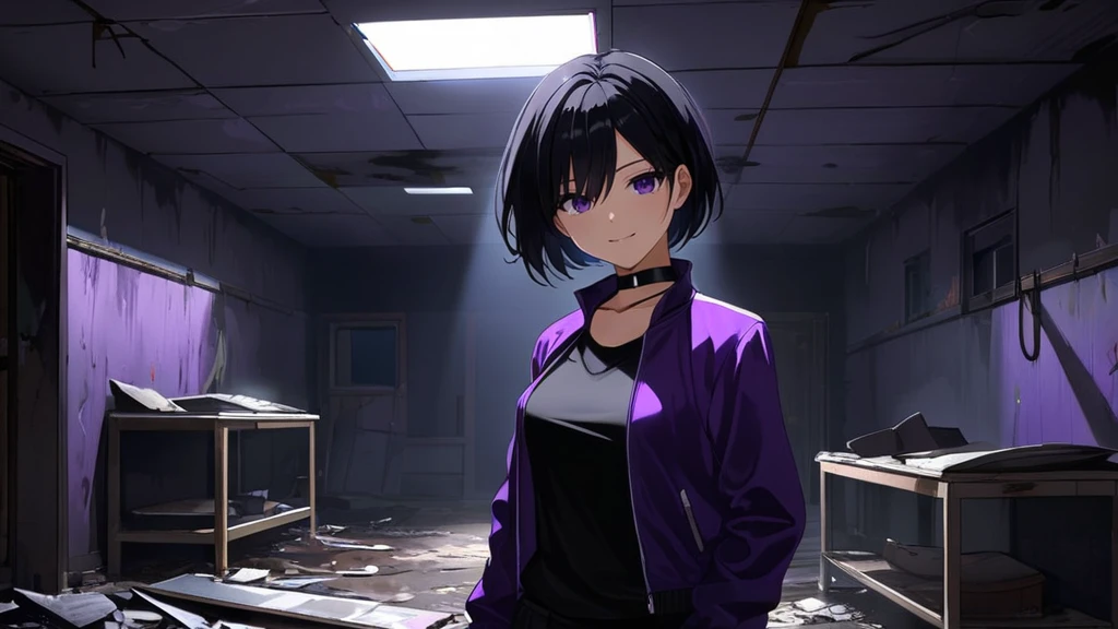 (Horor Abandoned Mess Room background:1.1), (Horor Ambient:1.1), (Lighting:1.1), (Shadow:1.1), Tomboy Girl, Smart, Mature, Sexy, Short black hair, Black Plain chokers, purple pupil eyes, Wearing sleek black spandex under short purple jacket, Smiling menacingly, Intimidate, Confident, no fear, Stand, dark Pitch-black in the middle of the night with no moonlight room, abandoned mess horor room, midnight.