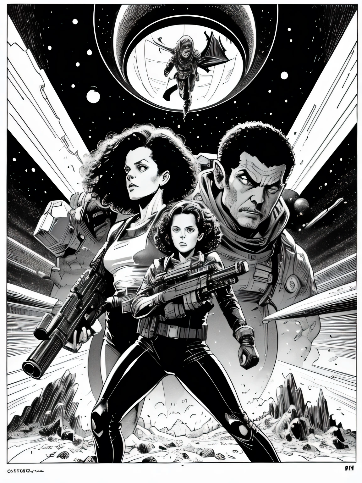 2 Monstros gigantes aliens  on the planet inside the spaceship Sigourney Weaver,she saves the innocent girl to kill alien monster, she using a huge gun to kill alien,explosion, Bela arte de linha, black and white comic style, manga art style, pencil and ink caricature drawing, black and white coloring,arte vector preto e branco