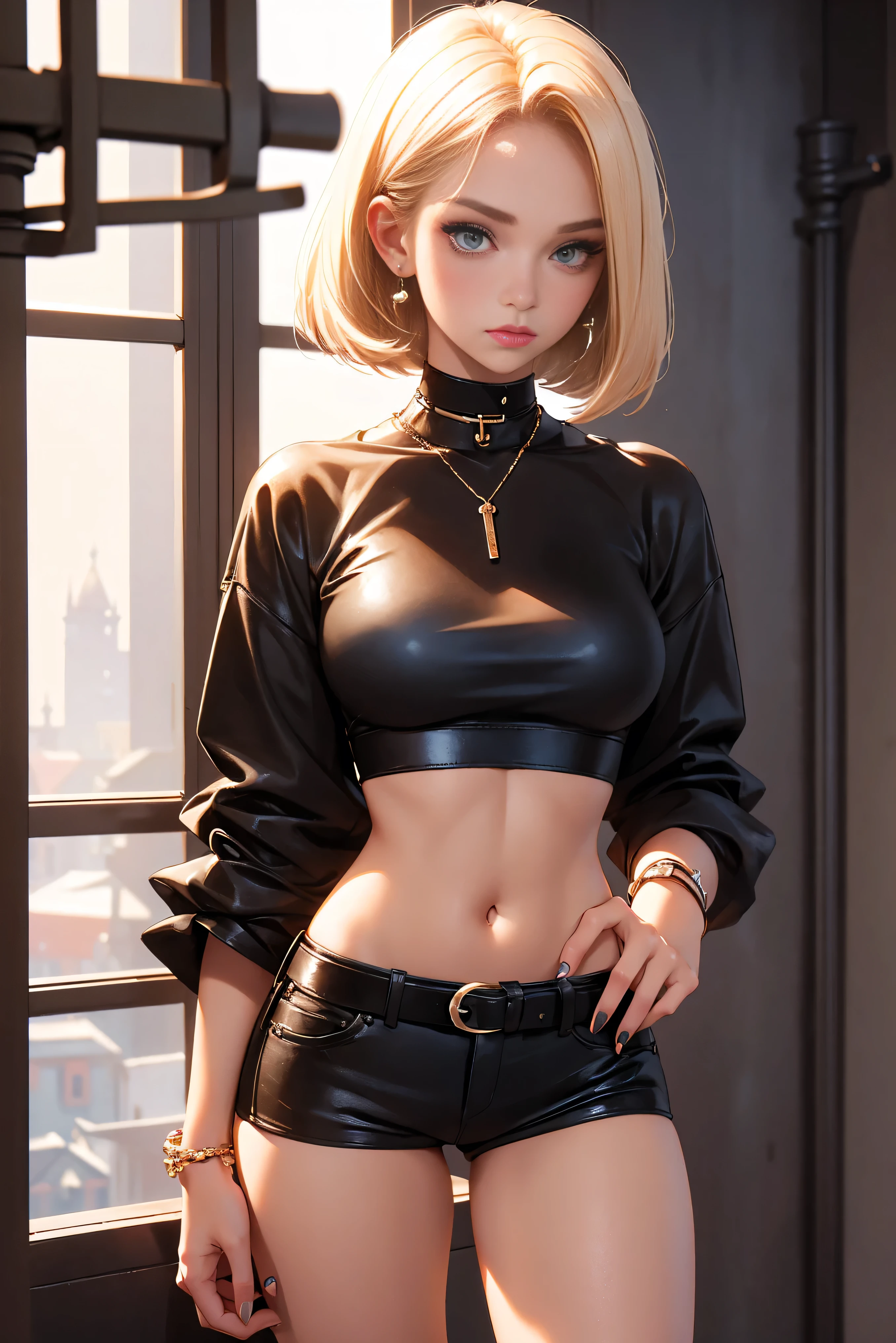 Teenage girl 20 years old, model, blonde, bob hairstyle, bangs, makeup, manicure, very tanned, crop sleeve shirt, very short mini shorts, bracelets, choker, belt, beautiful long legs, beautiful thigh line, hands on hips, flirty posing, dungeon, haunted castle, aesthetics, top quality