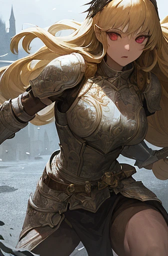 A woman with long, flowing blonde hair and piercing red eyes, dressed in ornate white paladin armor adorned with intricate engravings and a crusader outfit. She holds a massive sword, larger than her body, resembling the sword of Guts from Berserk, with intricate golden details. Her eyes are described as demon eyes, detailed eyes, and super detailed eyes. She is in an action pose, ready for battle. From the middle of her armor's belly, a square piece of fabric flows, covering her groin and extending to her knees, but still revealing her legs. The background features a dark, foreboding landscape with gothic architecture and elements of Gregorian and Dark Souls style. Shadows and light interplay to highlight the intricate details of her armor and the texture of her sword, emphasizing the gothic art elements, Detailed face, flawless face, super detailed face, 