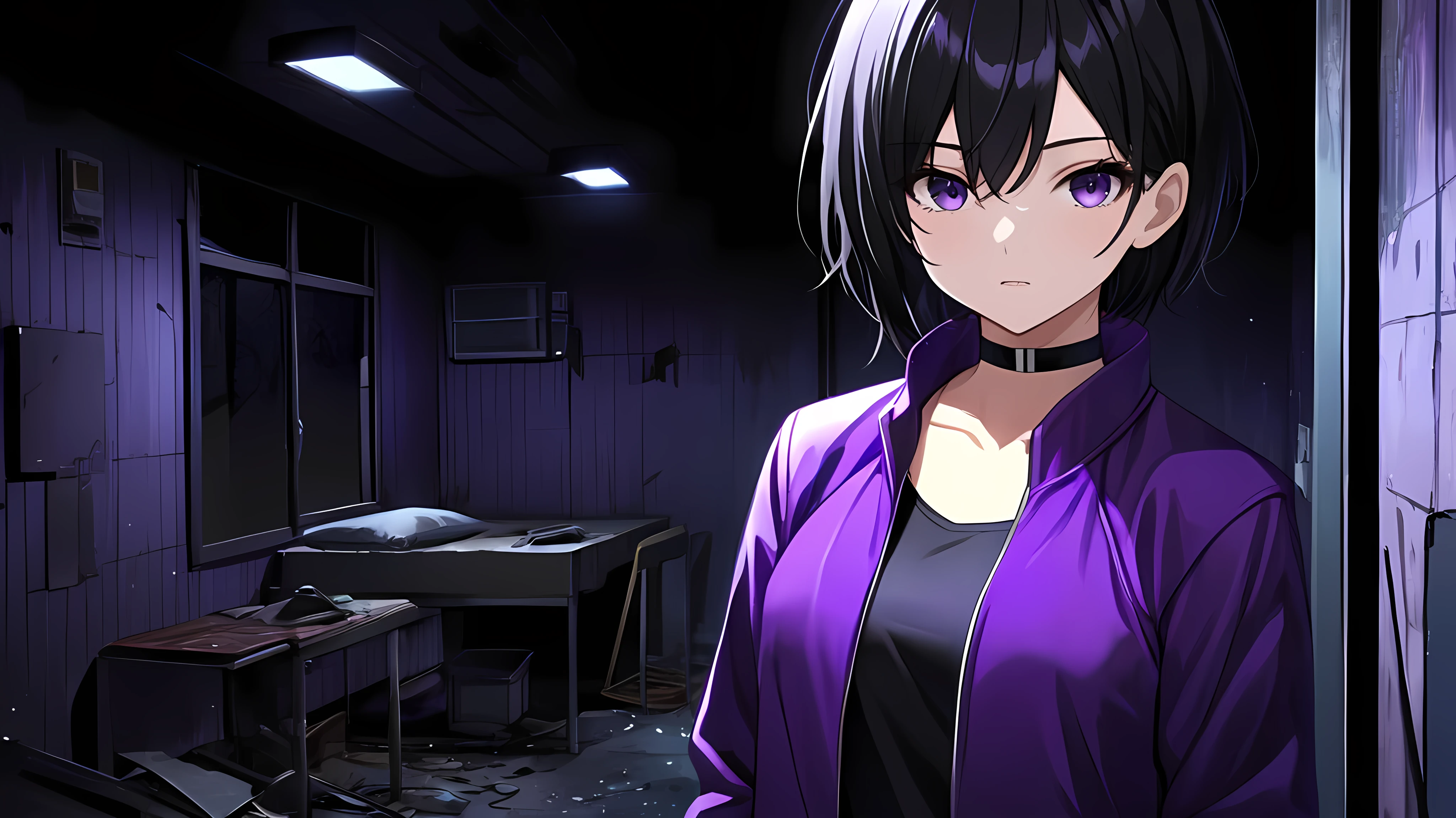 (Horor Abandoned Mess Room background:1.1) Tomboy Girl, Smart, Mature, Sexy, Short black hair, Black Plain chokers, purple pupil eyes, Wearing sleek black spandex under short purple jacket, Intimidate, Confident, no fear, Stand, dark Pitch-black in the middle of the night with no moonlight room, abandoned mess horor room, midnight.