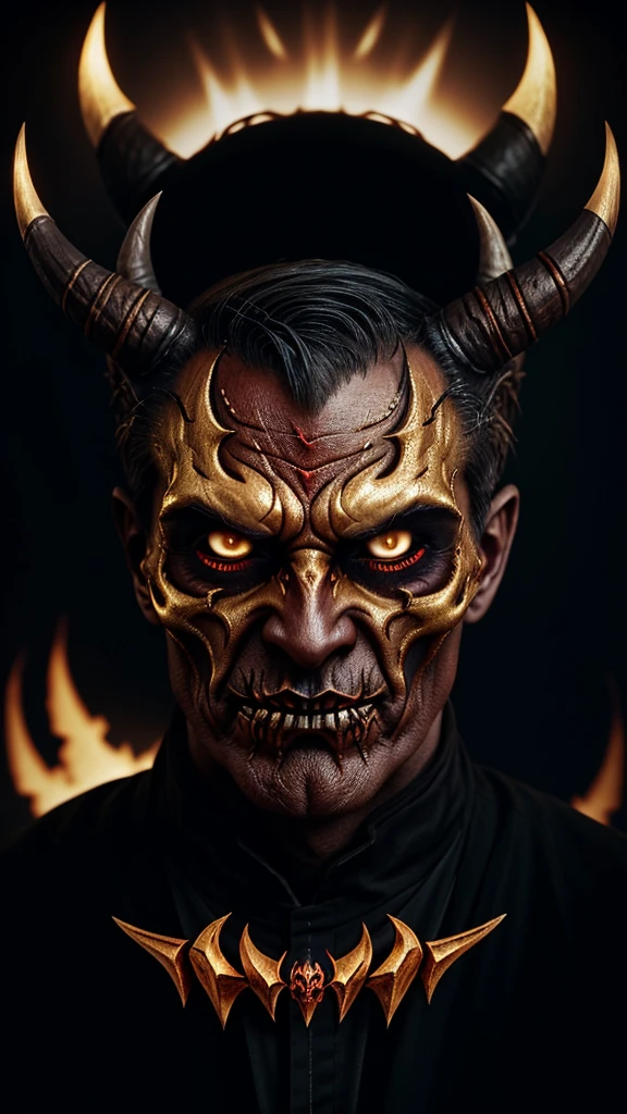 Demon of the 7 hells, world destroyer, dark fantasy, devil world, vesicular film, devil, unreal engine, documentary photography, high angle, overhead shot, halloween makeup, golden hour, business card, evil theme