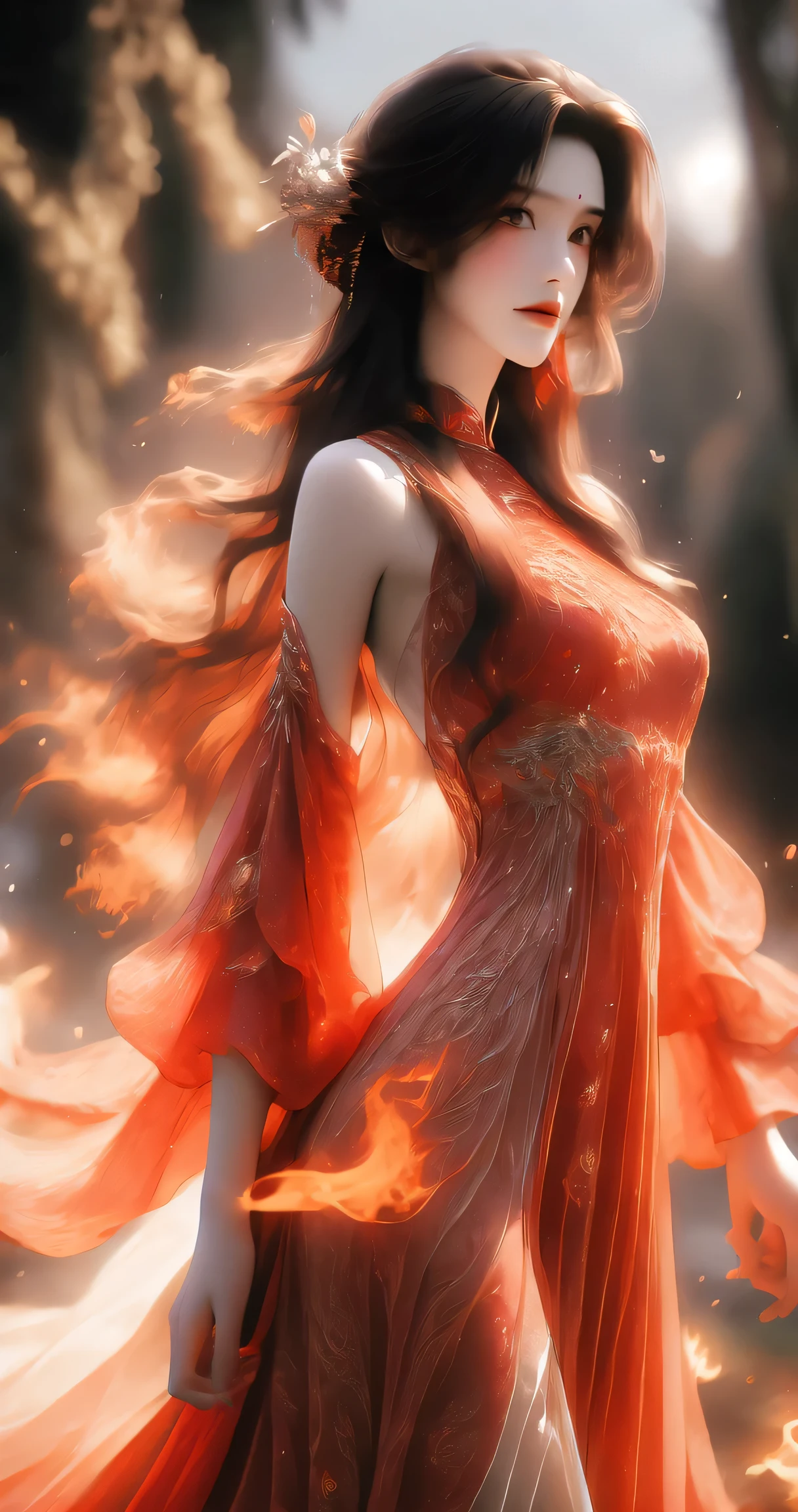 (absurdres, highres, ultra detailed), 1girl, solo, mature, (very long hair, red hair), Baroque, long dress, phoenix dress, long sleeve, elegant, colorful, highest detailed, upper body, outdoors, garden 