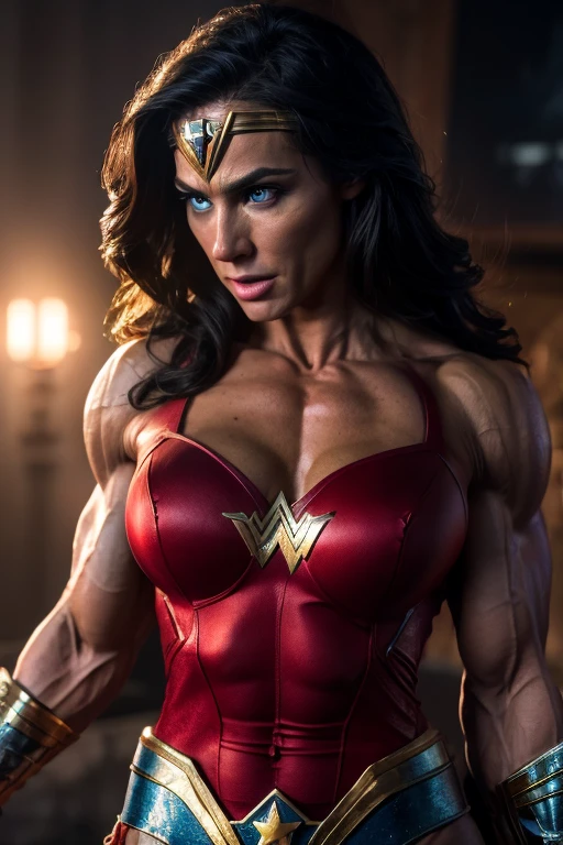 Scene from Movie, Wonder Woman from DC Close-Up, superhero pose, extremely muscular, bodybuilder veins, striated pecs, shredded abs, heavily muscular legs, prominent arm veins, Distorted Space, Distorted Undead in the Background, Lens Flares, Light Shafts, Intricate Details, High Detailed, Volumetric Lighting, 4k Rendering, Stock Photo, Hyper-Realistic, Realistic Textures, Dramatic Lighting, Unreal Engine