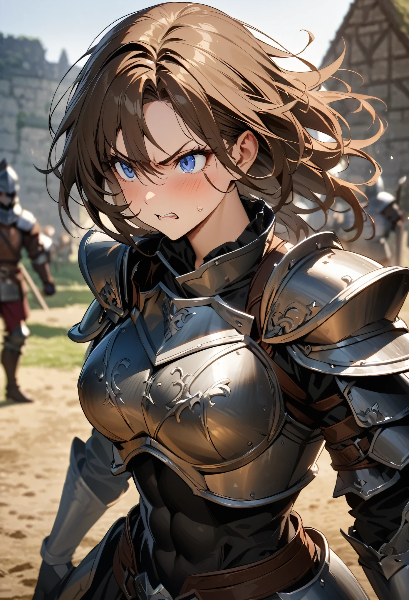 Create an anime-style, high-resolution digital portrait of a female knight in a dynamic pose. The character has short brown hair and piercing blue eyes, with a huge scar running across one eye. She wears old, worn-out simple steel plate armor, showing signs of many battles. Her expression is angry, highlighting her fierce determination. The knight has a beautiful yet rugged appearance, with a tomboyish charm, muscular build, and well-defined six-pack abs.

The background is a medieval training field, slightly blurred to keep the focus on the character, using atmospheric perspective to enhance depth. This first-person view captures the knight's intense presence and the environment's mood. Ensure the highest quality with detailed textures, accurate features, and a masterpiece finish. Aim for 16k or 8k resolution to achieve an award-winning, ultra-detailed result.