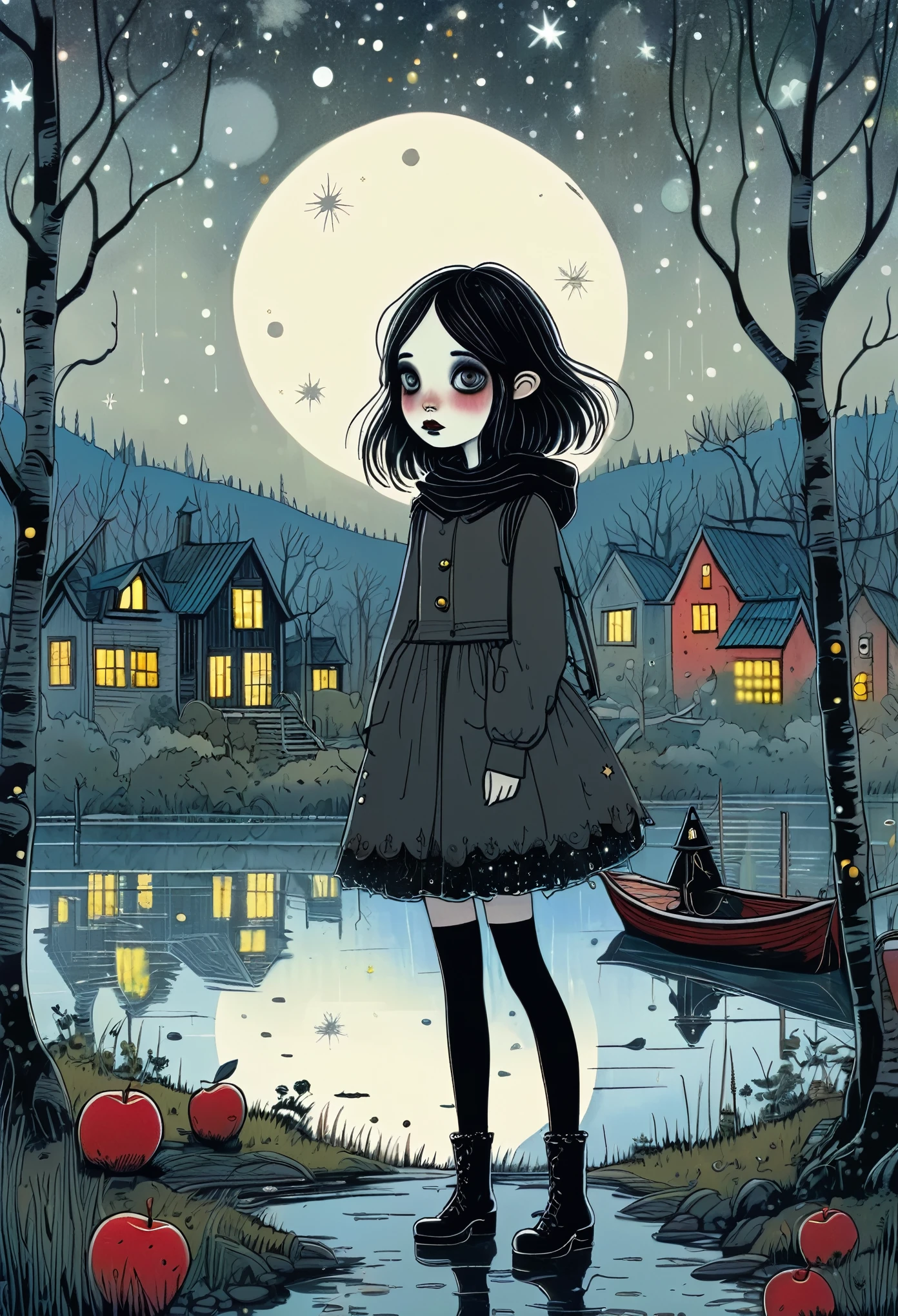 (Cute attractive girl, Strong Gothic Makeup) a village by the lake and a white birch forest and an apple orchard, a starry night, ((Mattias_Adolfsson style!)), Gloomy foggy atmosphere, surrealism, The absurdity of cuteness, attractiveness and rejection of extraordinary appearance, magic naive art, primitivism, protogen, , ((best quality, Masterpiece)), ((Highest detail)), impression:1,1, 8k