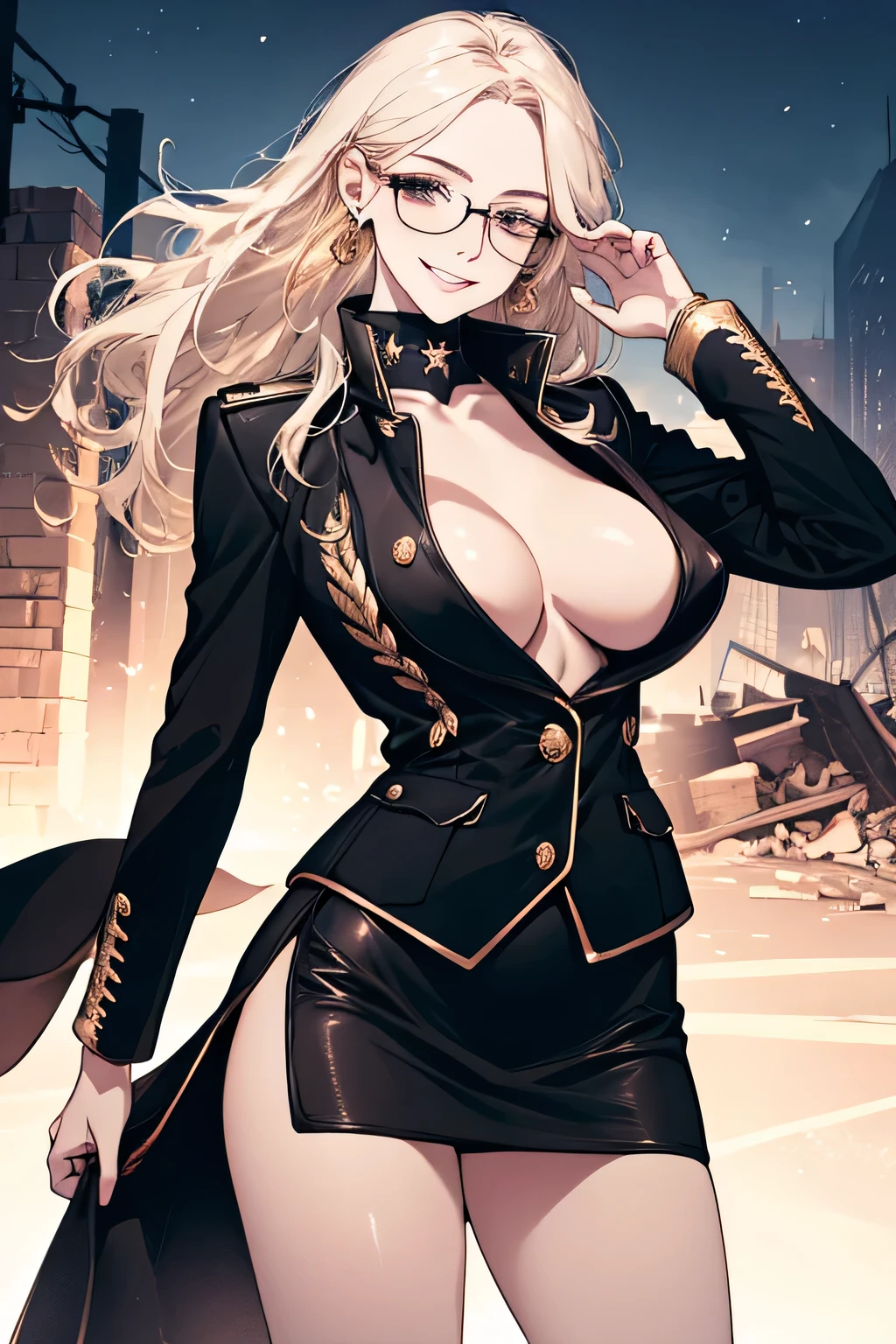 ( Detailed Description, High resolution,8k wallpaper,, masterpiece,best quality,Depth of Realm). A beautiful young woman、so beautiful、Anatomically accurate depiction,Platinum Blonde,Facial details、Glasses、Gold earrings in the ears(Provocative smile),(She is wearing a black military jacket、Wearing a tight black leather skirt)、(Large Breasts)、Cleavage,Accurate hand drawing. The background is a collapsed concrete building,night.