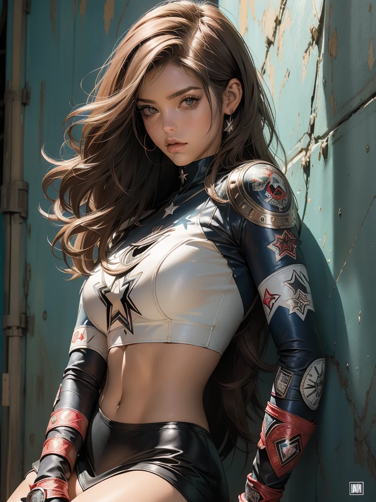(((mulher))), (((melhor qualidade))), (((obra prima))), (((adulto))), (((1girl))), ((( corte de cabelo bob ))), Uma gladiadora cyberpunk mulher de 25 anos com corpo perfeito, shoulder pads with metal spines, Gladiadores do Brooklyn, (( corte de cabelo bob )), tiny leather panties, camiseta de time de rugby rasgada, quase nua no estilo selvagem urbano de Simon Bisley para a capa da revista Heavy Metal, Cabelo loiro curto, Minimum clothing, Metal protection on the left arm with intricate graphics, Dark red with white stars and blue and white striped pattern, armadura, cheio de pontas e rebites, tatuagem de veneno (((do joelho pra cima))), cabelos loiro branco curto, no fundo uma parede pintada por Shepard Fairey com um design intrincado