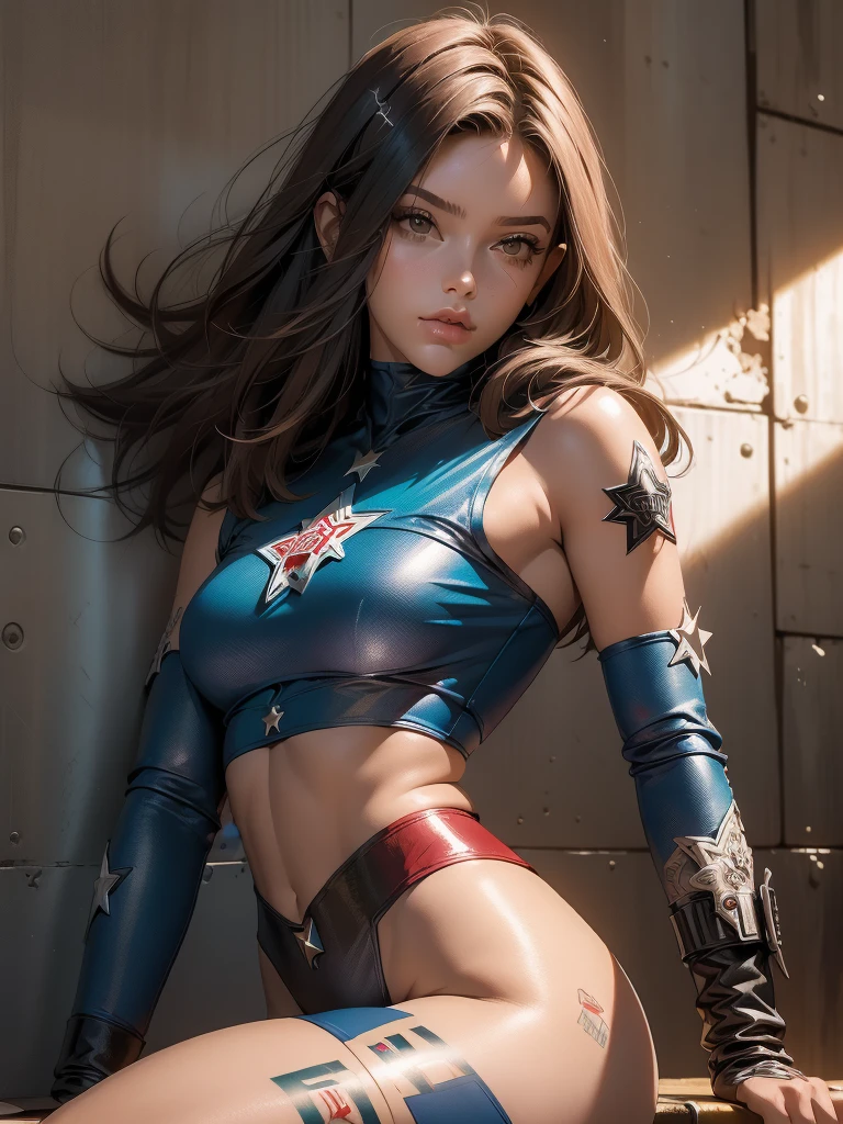(((mulher))), (((melhor qualidade))), (((obra prima))), (((adulto))), (((1girl))), ((( corte de cabelo bob ))), Uma gladiadora cyberpunk mulher de 25 anos com corpo perfeito, shoulder pads with metal spines, Gladiadores do Brooklyn, (( corte de cabelo bob )), tiny leather panties, camiseta de time de rugby rasgada, quase nua no estilo selvagem urbano de Simon Bisley para a capa da revista Heavy Metal, Cabelo loiro curto, Minimum clothing, Metal protection on the left arm with intricate graphics, Dark red with white stars and blue and white striped pattern, armadura, cheio de pontas e rebites, tatuagem de veneno (((do joelho pra cima))), cabelos loiro branco curto, no fundo uma parede pintada por Shepard Fairey com um design intrincado