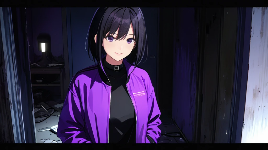 (Horor Abandoned Mess Room background:1.1), (Horor Ambient:1.1), (Lighting:1.1), (Shadow:1.1), (HandyCam Screen:1.1), Tomboy Girl, Smart, Mature, Sexy, Short black hair, Black Plain chokers, purple pupil eyes, Wearing sleek black spandex under short purple jacket, Smiling menacingly, Intimidate, Confident, no fear, Stand, dark Pitch-black in the middle of the night with no moonlight room, abandoned mess horor room, midnight, On Recording HandyCam Screen.