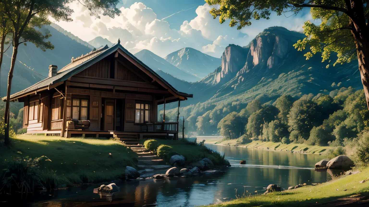 Dramatic lighting, chiaroscuro, idyllic Russian style bungalows on a hill overlooking a wide river and low forested hills, lifeless, hot summer's day, childrens' swing, Toyota pickup parked outside