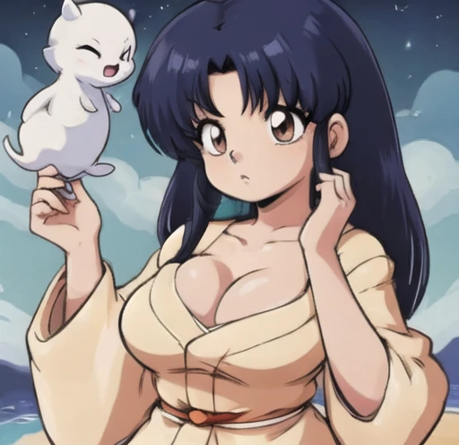 Akane tendo, ojos detallados, cuerpo completo, lindo, sexyrobutts, Japanese Ghost Costume, fantama flotando, noche luna llena, Cleavage Bulge