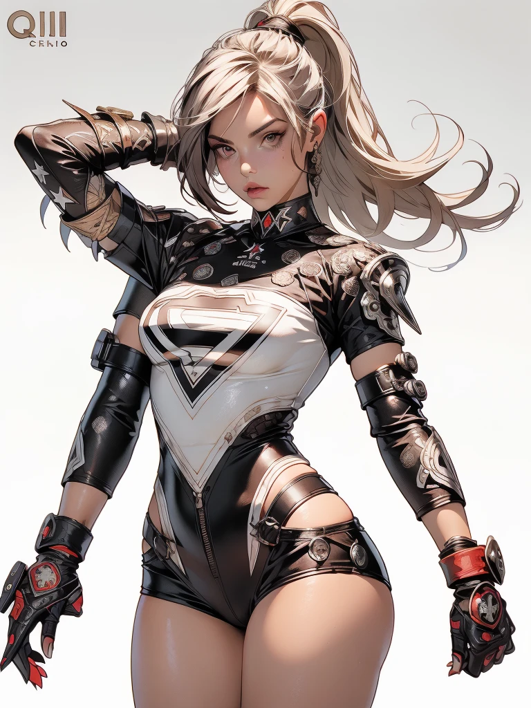 (((mulher))), (((melhor qualidade))), (((obra prima))), (((adulto))), (((1girl))), ((( corte de cabelo moicano ))), Uma gladiadora cyberpunk mulher de 25 anos com corpo perfeito, alien armor, h.r. Estilo Giger, shoulder pads with metal spines, Gladiadores do Brooklyn, (( corte de cabelo moicano )), tiny leather panties, camiseta de time de rugby rasgada, quase nua no estilo selvagem urbano de Simon Bisley para a capa da revista Heavy Metal, Cabelo loiro curto, Minimum clothing, Metal protection on the left arm with intricate graphics, Dark red with white stars and black and white checkerboard pattern, armadura, cheio de pontas e rebites, (((do joelho pra cima))), cabelos loiro branco curto, no fundo uma parede pintada por Shepard Fairey com um design intrincado