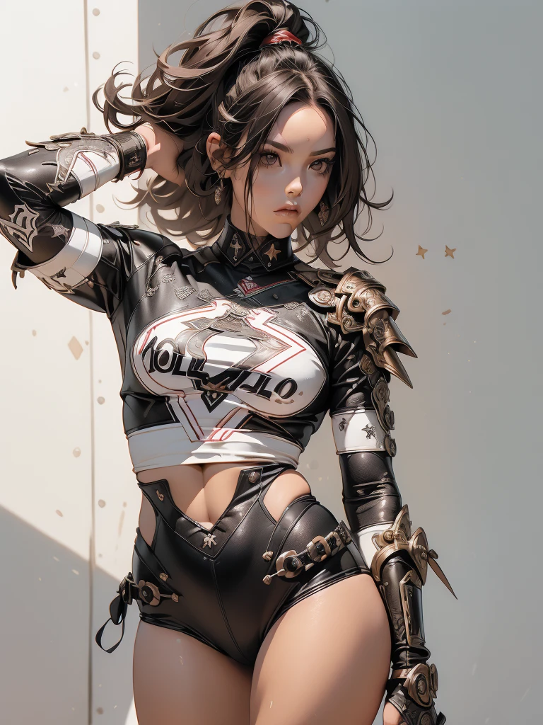 (((mulher))), (((melhor qualidade))), (((obra prima))), (((adulto))), (((1girl))), ((( corte de cabelo moicano ))), Uma gladiadora cyberpunk mulher de 25 anos com corpo perfeito, alien armor, h.r. Estilo Giger, shoulder pads with metal spines, Gladiadores do Brooklyn, (( corte de cabelo moicano )), tiny leather panties, camiseta de time de rugby rasgada, quase nua no estilo selvagem urbano de Simon Bisley para a capa da revista Heavy Metal, Cabelo loiro curto, Minimum clothing, Metal protection on the left arm with intricate graphics, Dark red with white stars and black and white checkerboard pattern, armadura, cheio de pontas e rebites, (((do joelho pra cima))), cabelos loiro branco curto, no fundo uma parede pintada por Shepard Fairey com um design intrincado
