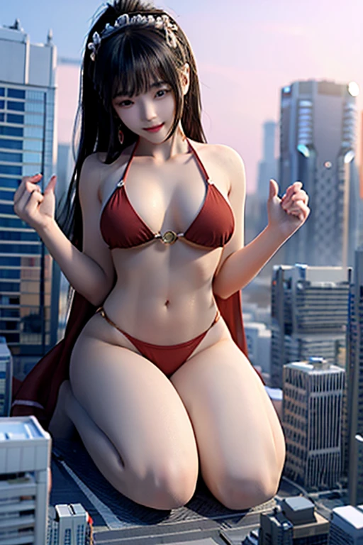 a korean woman wearing red bikini look, whose height is 10000000 kilometers, at the nano-sized miniature endless city of micro-sized endless continent world, she kneel down on top of a lot of nano-sized buildings which are much smaller than her, she feel happy and enjoy
