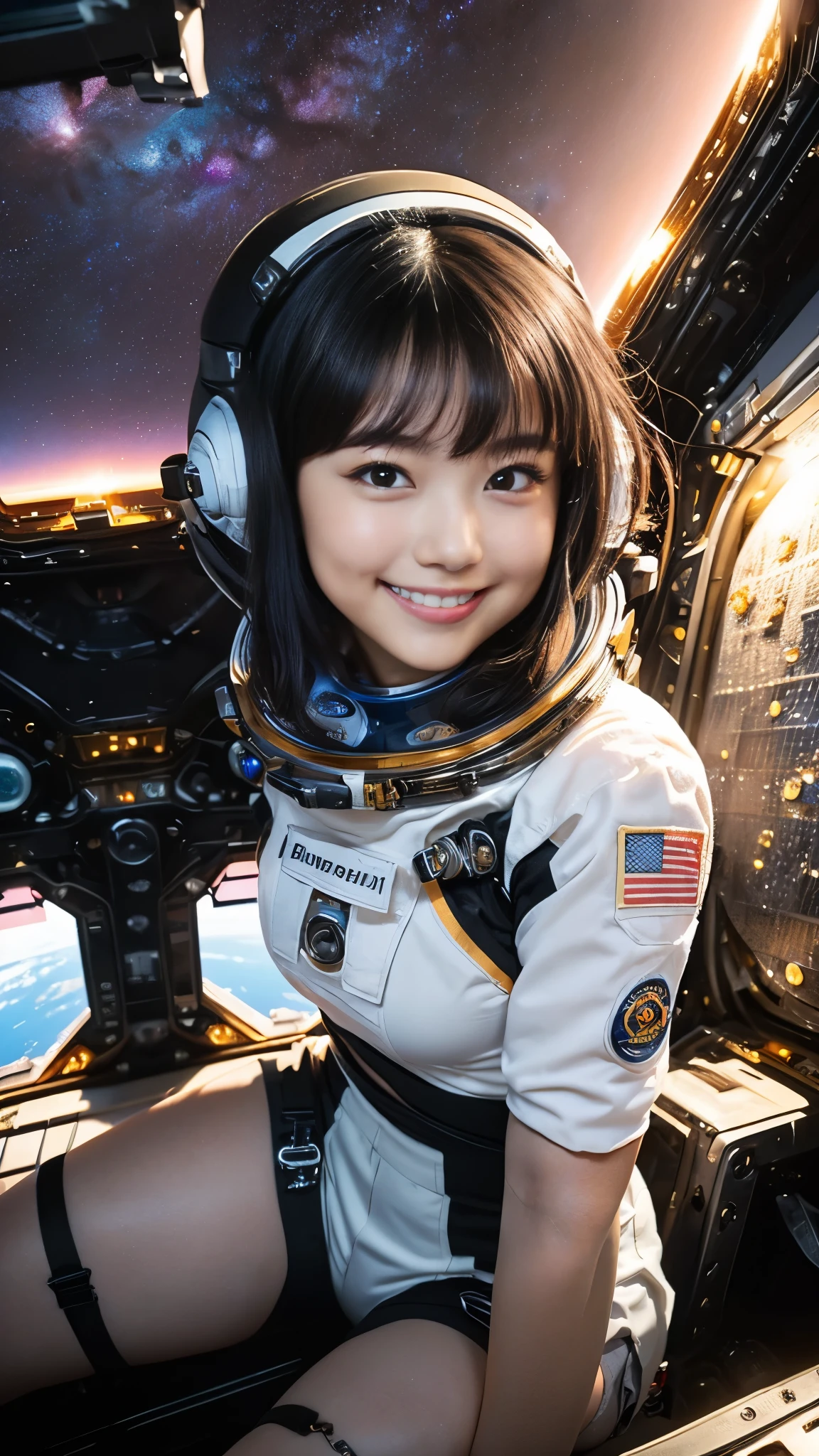 （8k、Raw photography、highest quality、masterpiece：1.2),(Black Hair、Dark Eyes:1.9),(Spacesuit:1.6)、View your viewers,Viewed from the front,White skin,(:1.6)、(Tight waist:1.6)、(Clothes that accentuate the shape of the breasts:1.0)、(Big Breasts :1.3)、Slim figure、Ultra-high resolution,beautiful,beautiful fece,(one person、No background:1.9),whole bodyボディー,Japanese women,（reality的：1.37）、Photon Mapping,reality、(Baby-faced and cute: 1.4)、(Cute Smile: 1.8)、(Round face: 1.8)、Radio City、Physically Based Rendering、Depth of field rally background、photograph, (I can see your knees、Thigh close-up:1.8),（:1.6）,whole body、Great quality