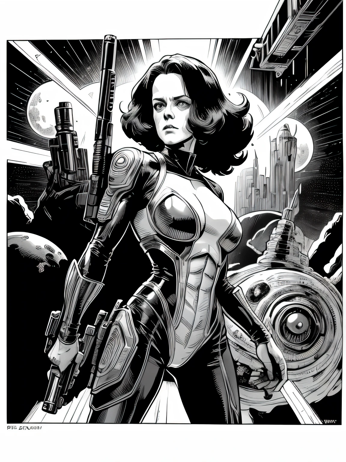 monster alien on the planet Sigourney Weaver she using a huge gun to kill alien,Sigourney Weaver ela dorme dentro do vidro do aparelho Bela arte de linha, black and white comic style, manga style, pencil and ink caricature drawing style, black and white coloring,arte vector preto e branco