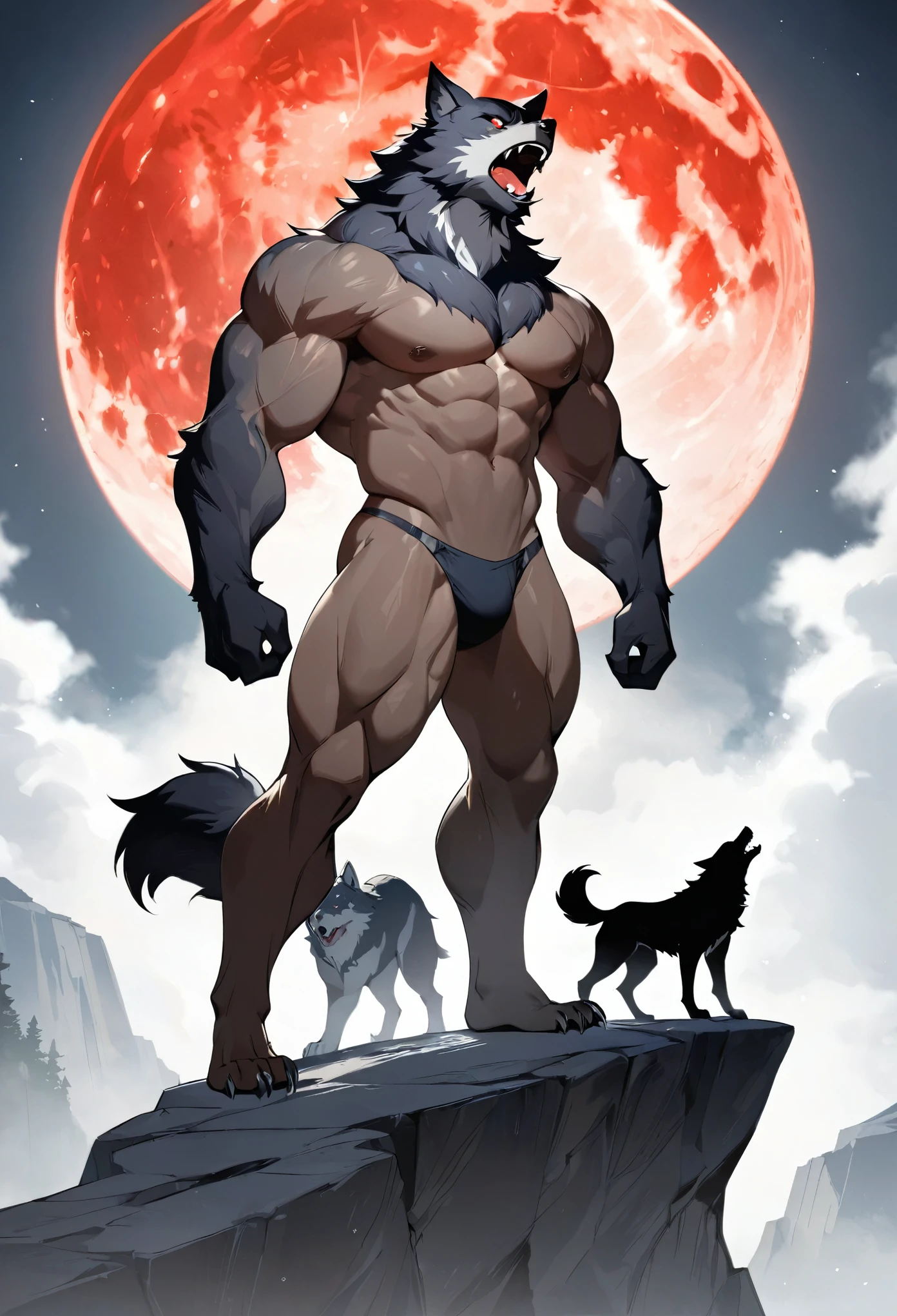 top quality, best quality, High-quality illustrations, masterpiece, depth of field(highly detailed beautiful face and eyes)absurdres, perfect anatomy, Werewolf, howling, red full moon, on cliff, fog(kemono, super handsome boy, solo focus, muscle, hero pose)(furry anthro)full body, wide shot, Pyramidal composition,