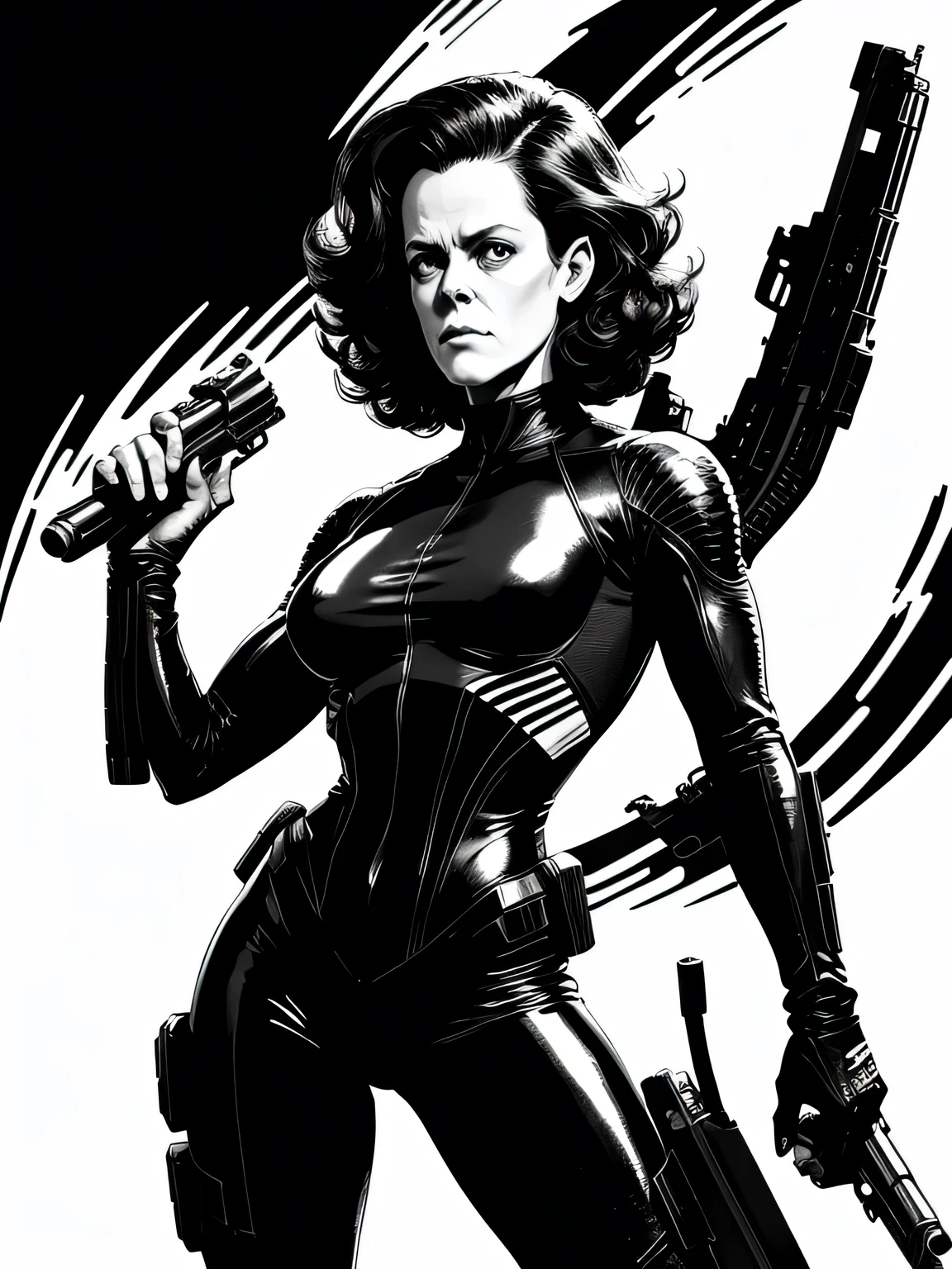 monster alien on the planet Sigourney Weaver she using a huge gun to kill alien,Sigourney Weaver ela dorme dentro do vidro do aparelho Bela arte de linha, black and white comic style, manga style, pencil and ink caricature drawing style, black and white coloring,arte vector preto e branco