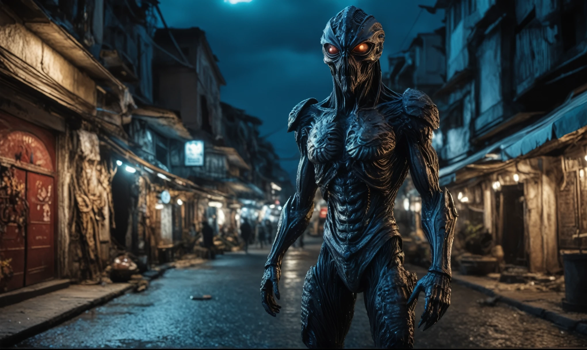 full-body-shot,niobium Manganite (The Alien Entity:Caribbean:0.5), wants eat,survival in criminal city of future,Cinematic,soft colors, Technicolor,natural skin textures, hyper realism, hyper detailed,Extremely detailed,High contrast,Masterpiece,Realistic,Ultra Detailed, intricate details,realistic humid leather,extremely intricate,Epic Realistic, cinematic style,irina yermolova,high contrast,HDR,extremely detailed, [deep night landscape],masterpiece,intricate details,faded,eyes extremely detailed, high detailed eyes,8k resolution,RAW,retina, Nikon Z9