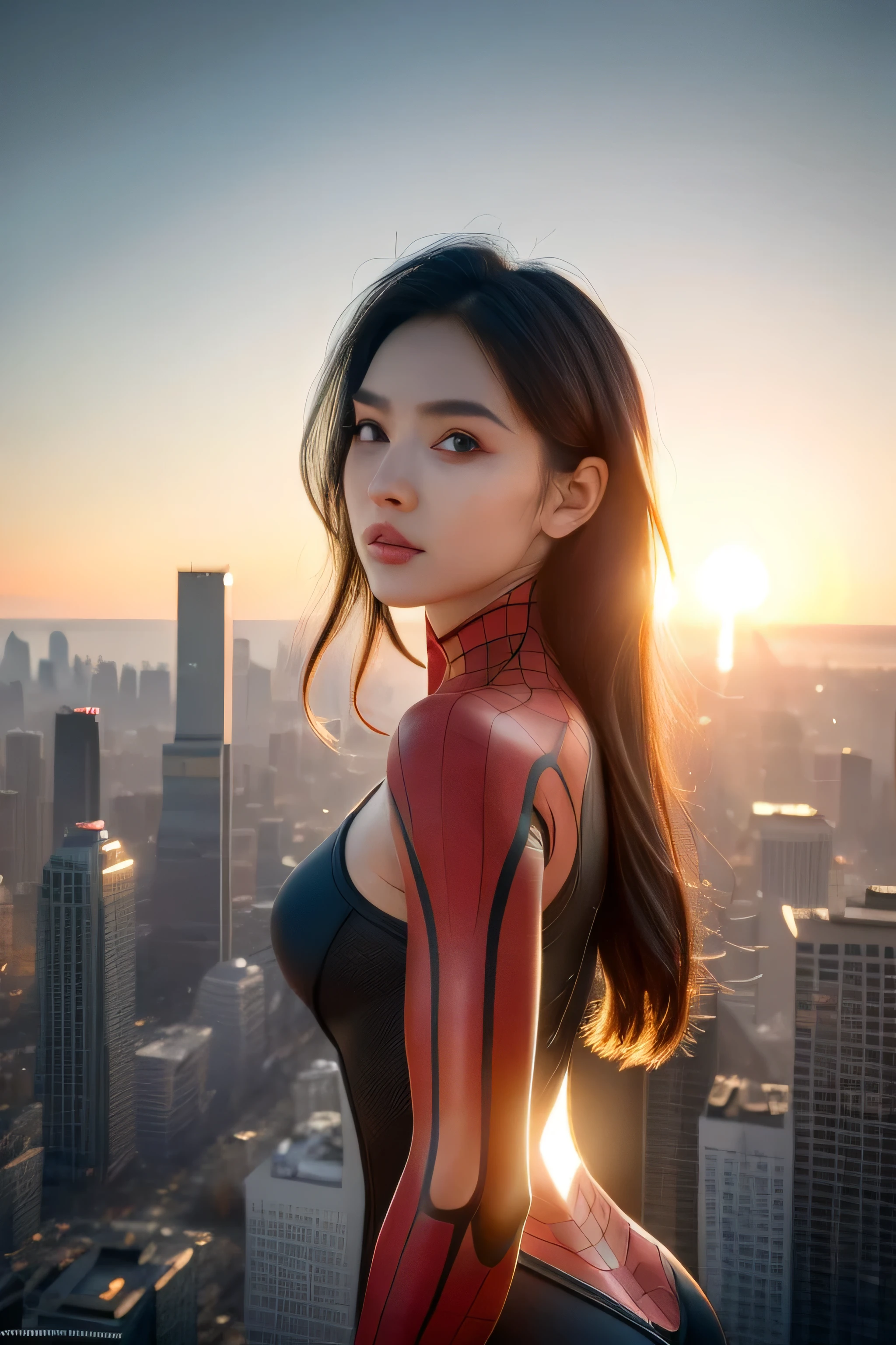 (1girl:1.3), Solo, (((Very detailed face)))), ((Very detailed eyes and face)))), Beautiful detail eyes, Body parts__, Official art, Unified 8k wallpaper, Super detailed, beautiful and beautiful, beautiful, masterpiece, best quality, original, masterpiece, super fine photo, best quality, super high resolution, realistic realism, sunlight, full body portrait, amazing beauty, dynamic pose, delicate face, vibrant eyes, (from the front), She wears Spider-Man suit, red and black color scheme, spider, very detailed city roof background, rooftop, overlooking the city, detailed face, detailed complex busy background, messy, gorgeous, milky white, highly detailed skin, realistic skin details, visible pores, clear focus, volumetric fog, 8k uhd, DSLR, high quality, film grain, fair skin, photo realism, lomography, futuristic dystopian megalopolis, translucent
