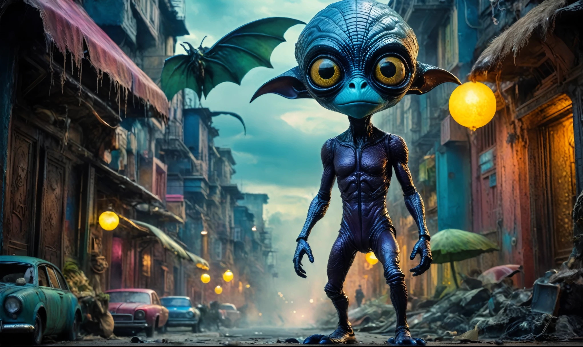 full-body-shot,niobium Manganite (The Alien Entity:Caribbean:0.5), wants eat,survival in criminal city of future,Cinematic,soft colors, Technicolor,natural skin textures, hyper realism, hyper detailed,Extremely detailed,High contrast,Masterpiece,Realistic,Ultra Detailed, intricate details,realistic humid leather,extremely intricate,Epic Realistic, cinematic style,irina yermolova,high contrast,HDR,extremely detailed, [deep night landscape],masterpiece,intricate details,faded,eyes extremely detailed, high detailed eyes,8k resolution,RAW,retina, Nikon Z9,complex background