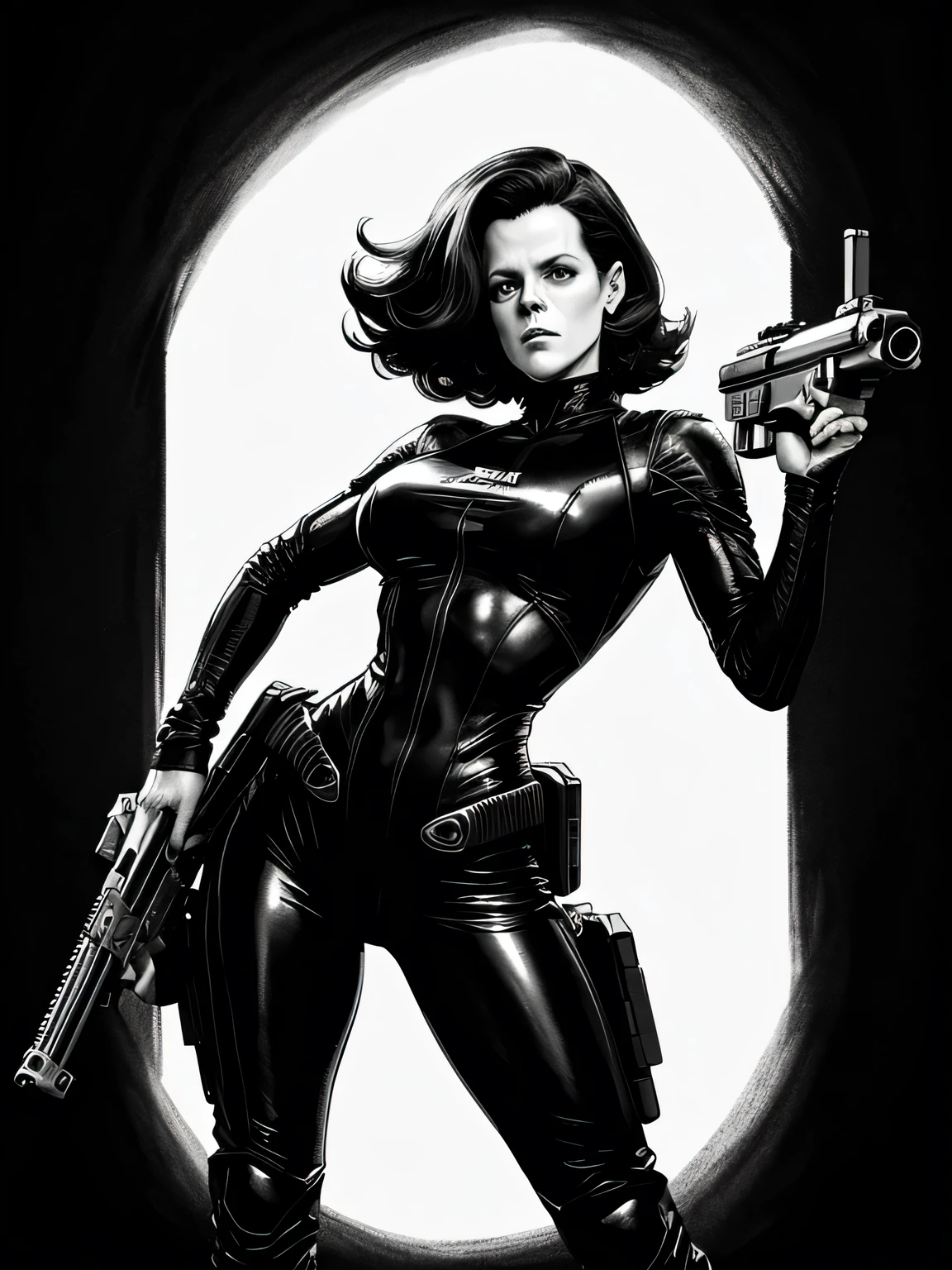 monster alien on the planet Sigourney Weaver she using a huge gun to kill alien,Sigourney Weaver ela dorme dentro do vidro do aparelho Bela arte de linha, black and white comic style, manga style, pencil and ink caricature drawing style, black and white coloring,arte vector preto e branco