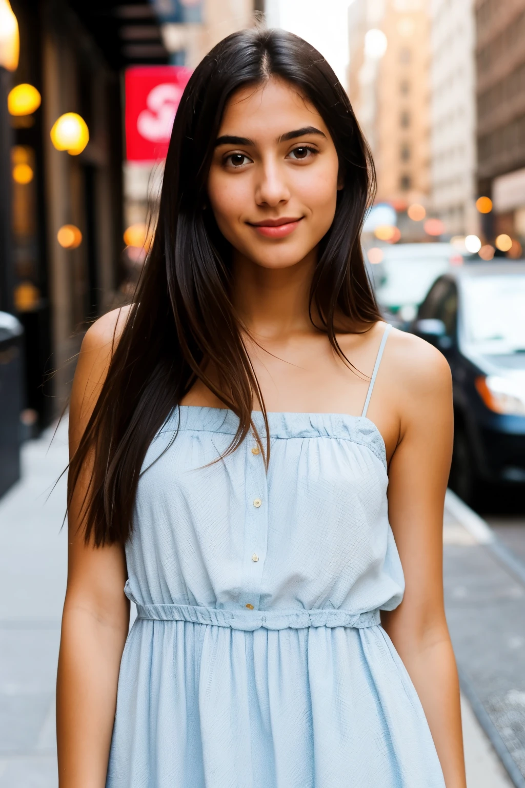 a pretty mediterrannean girl with straight hair an a thin face. She wear a dress. She is in NYC. Photo for instagram